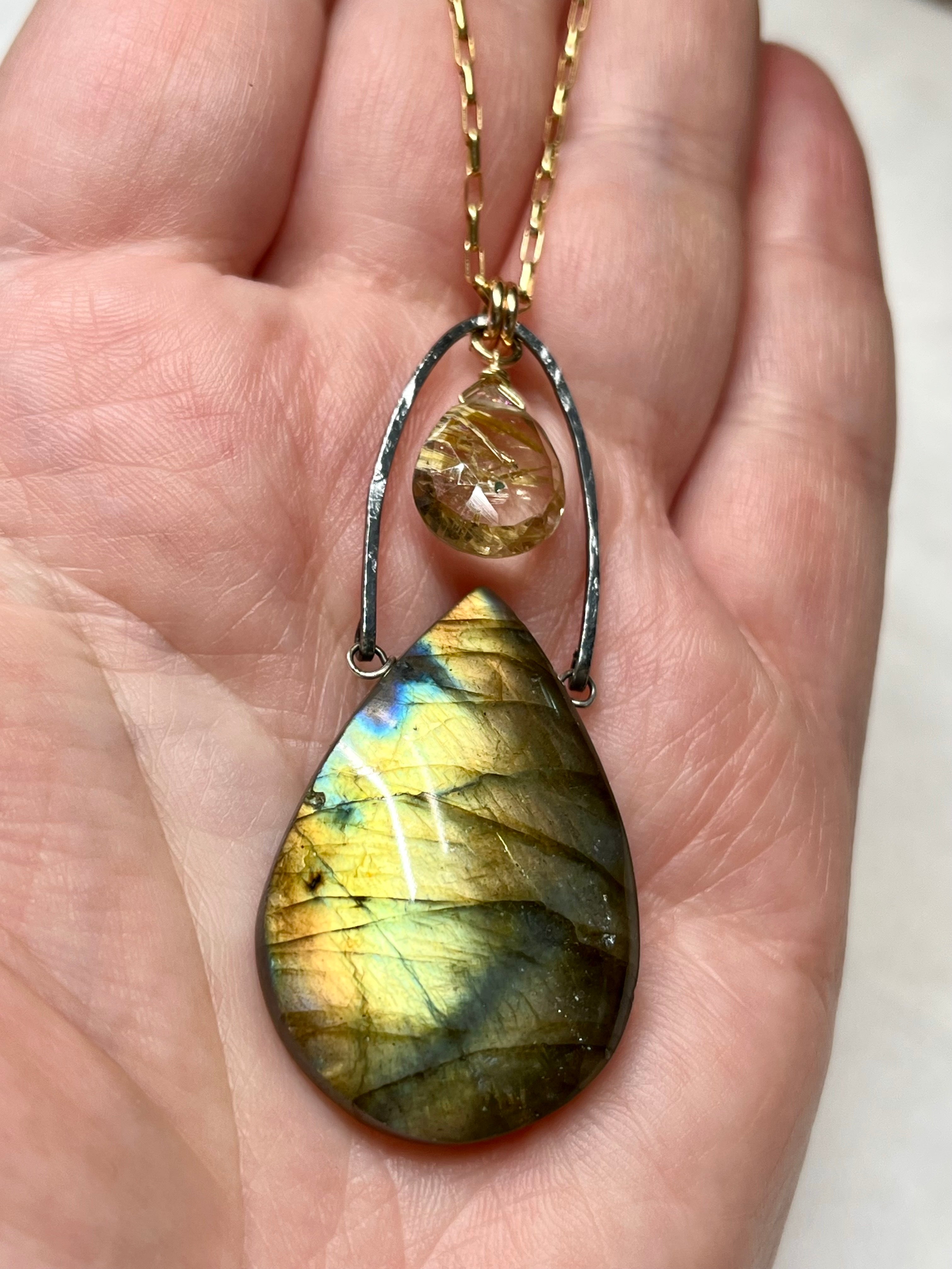 •AEON• labradorite + rutilated quartz + mixed metal necklace (16"-18")