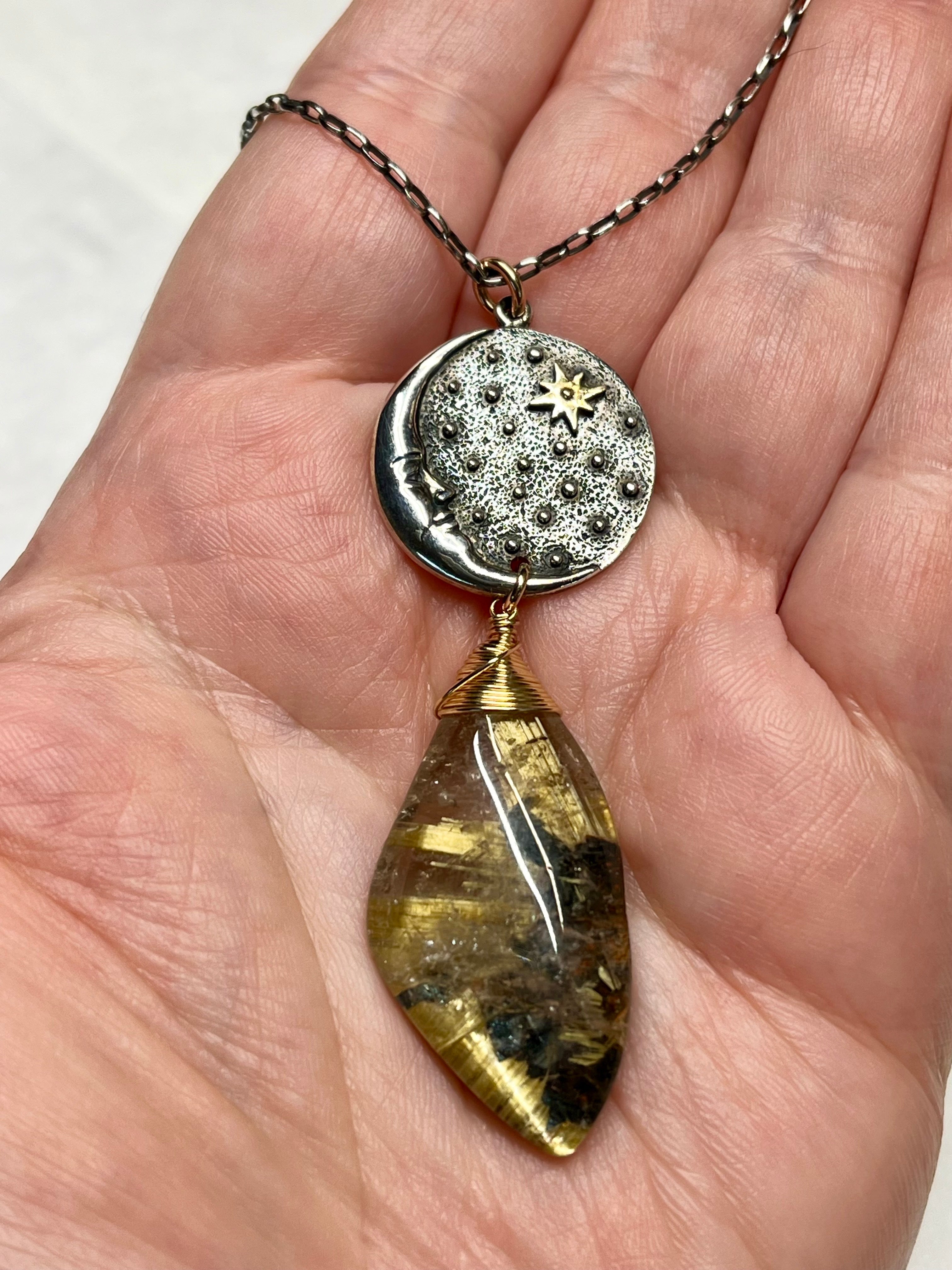 •NYX• rutilated quartz + moon coin + silver necklace (18"-20")