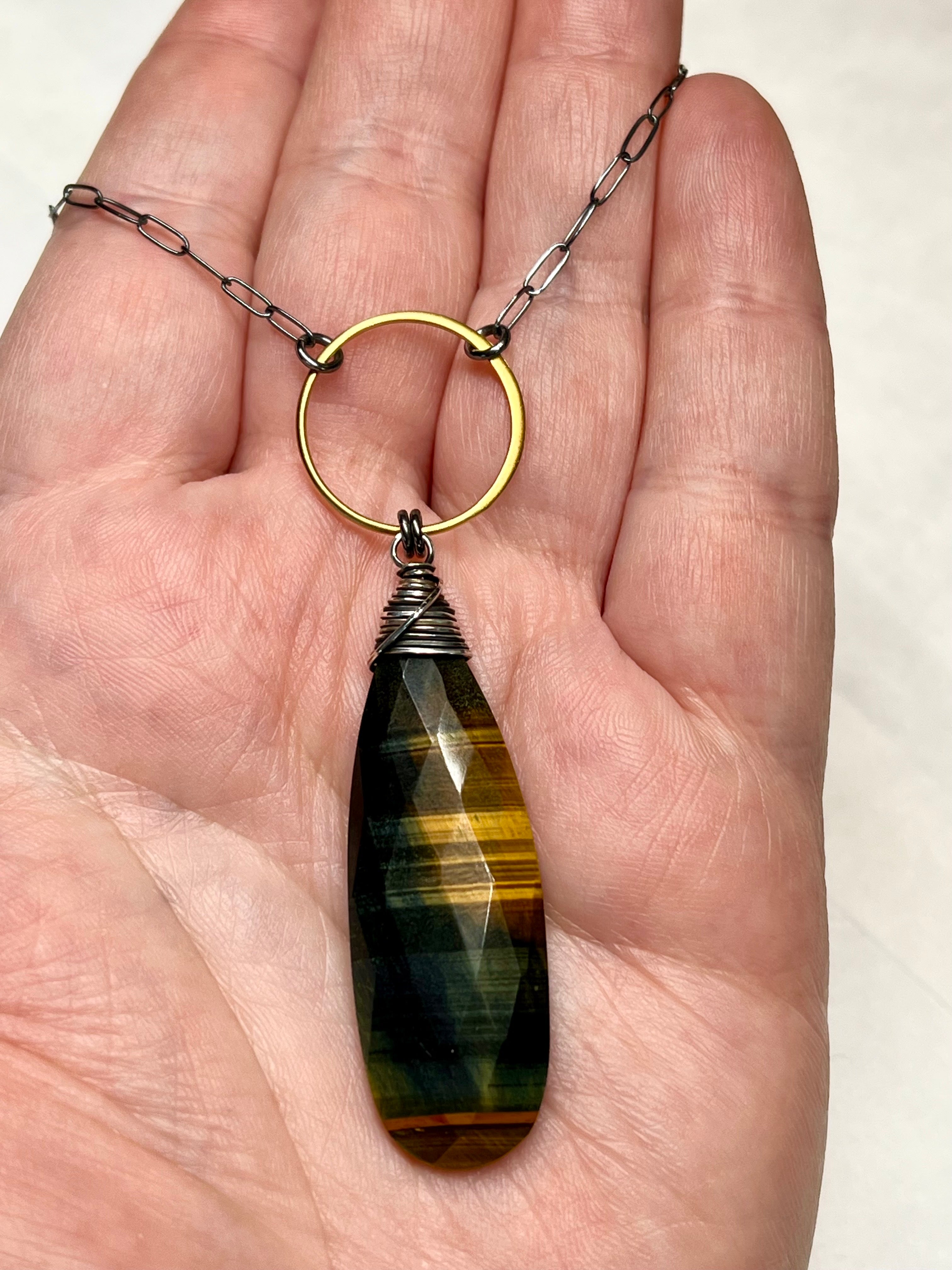 •LUNA• faceted falcon's eye + mixed metal necklace (18"-20")