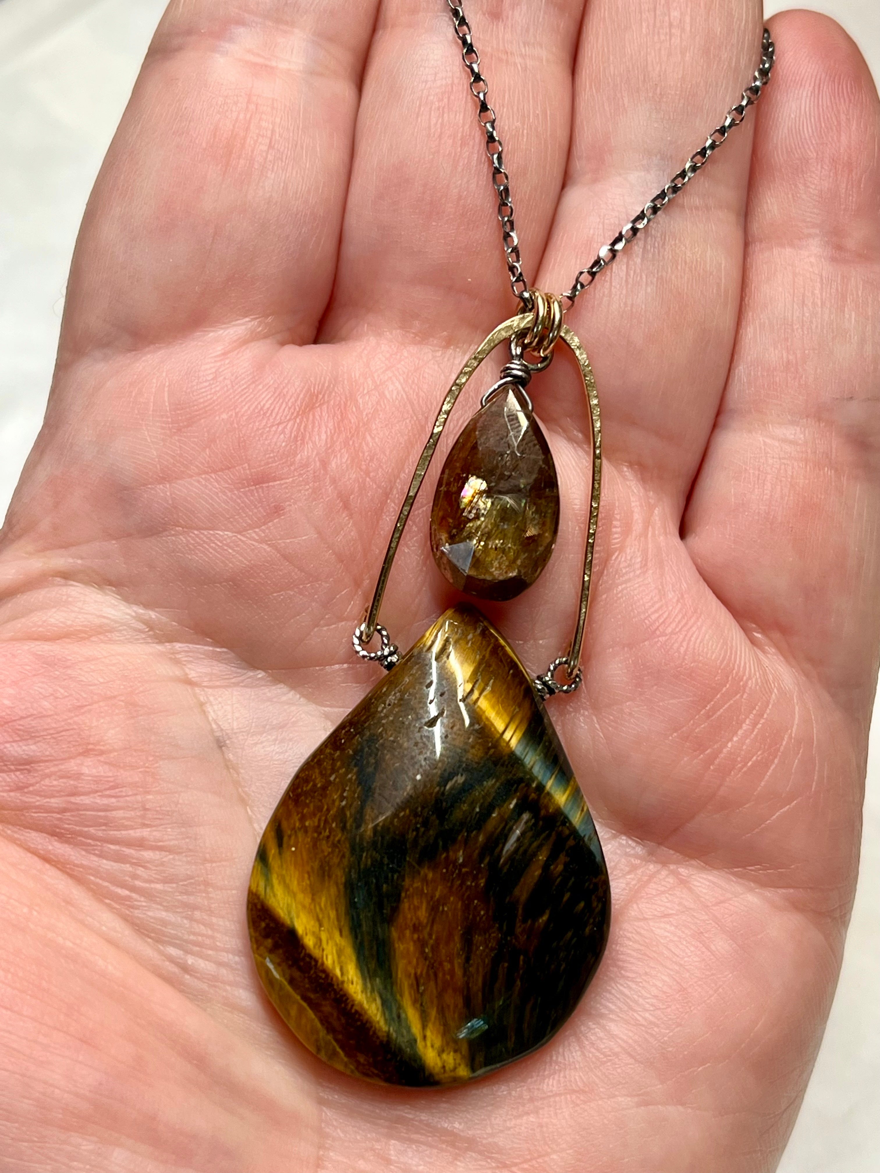 •AEON• falcon's eye + andalusite + mixed metal necklace (18"-20")