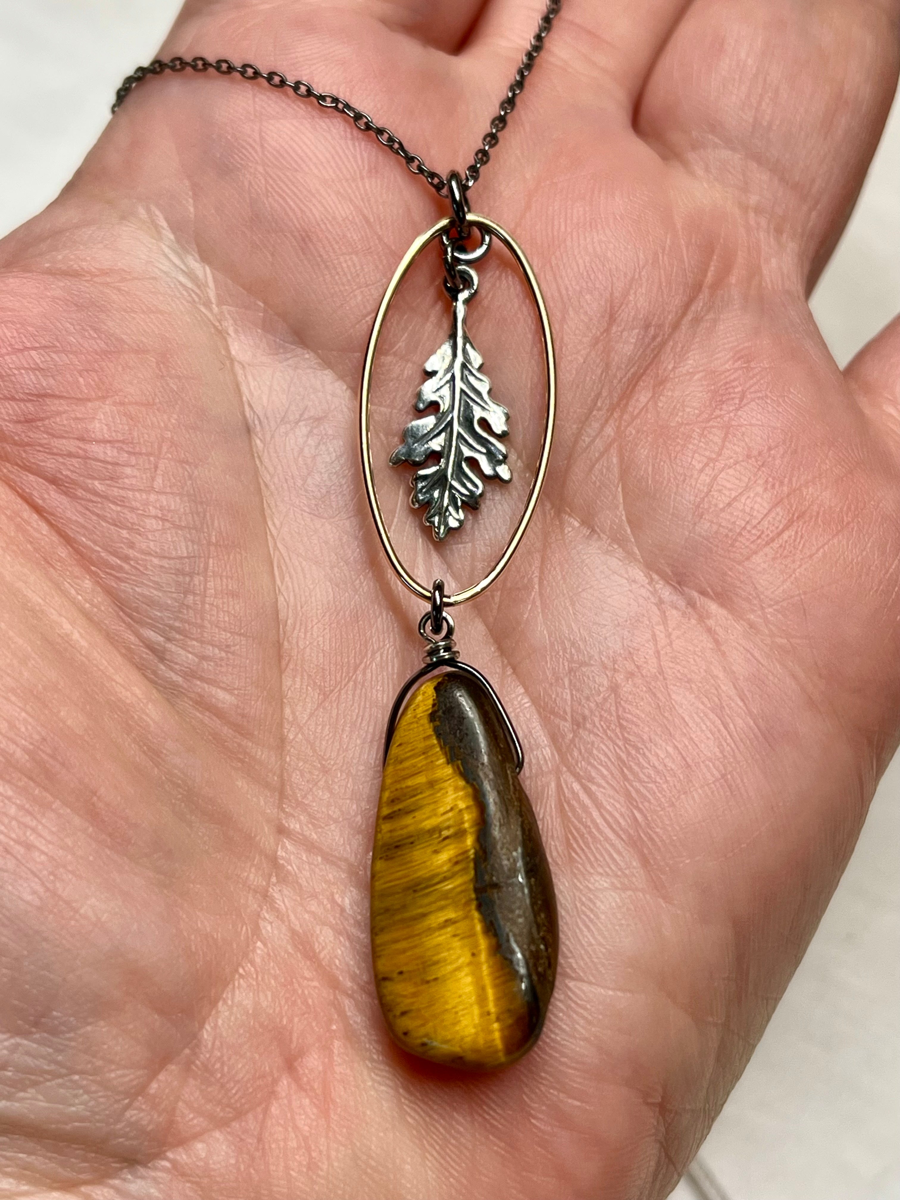 •TEND• tiger's eye + oak leaf + mixed metal necklace (16"-18")