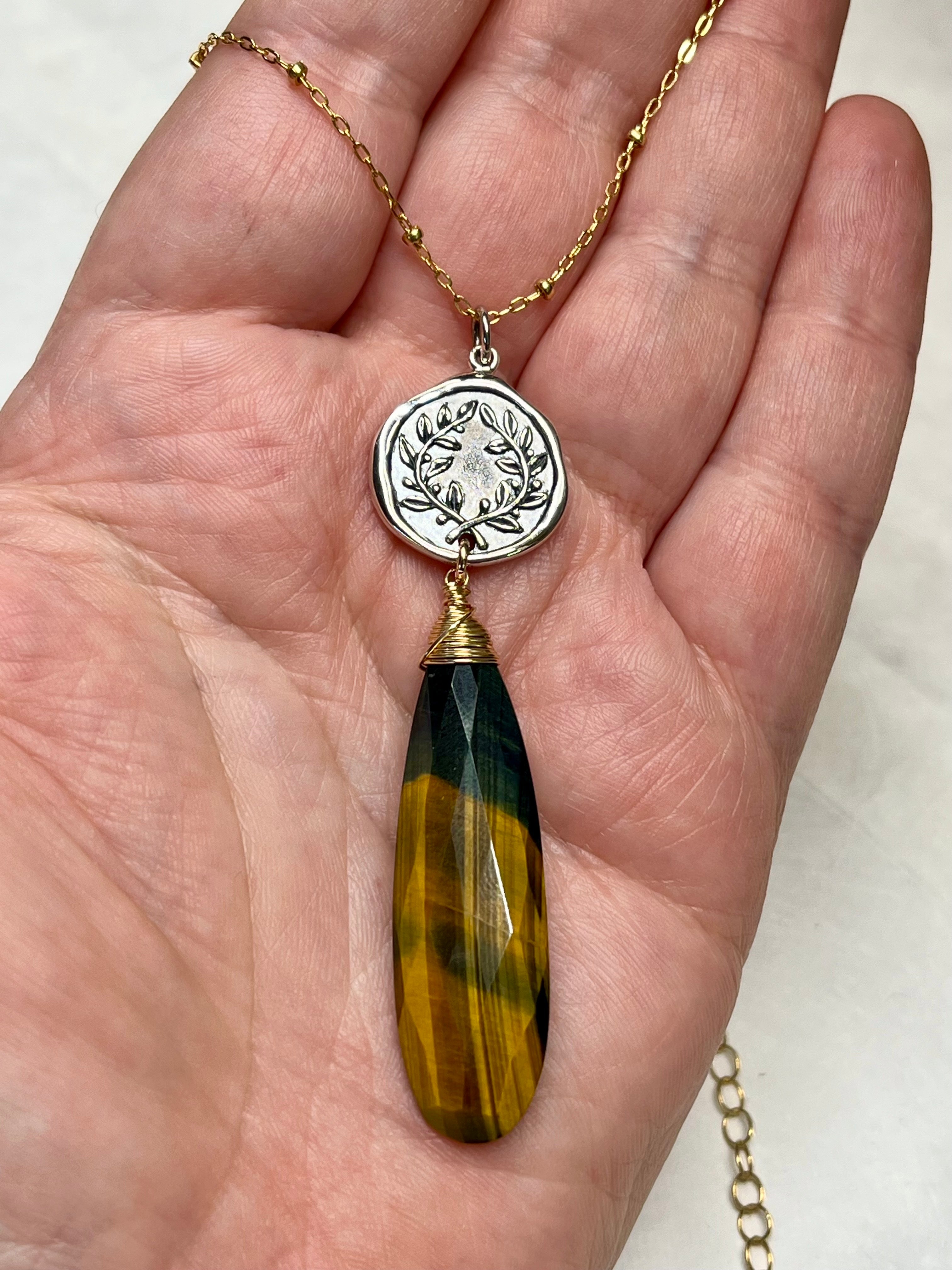 •TEND• faceted falcon's eye + laurel coin + mixed metal necklace (16"-18")