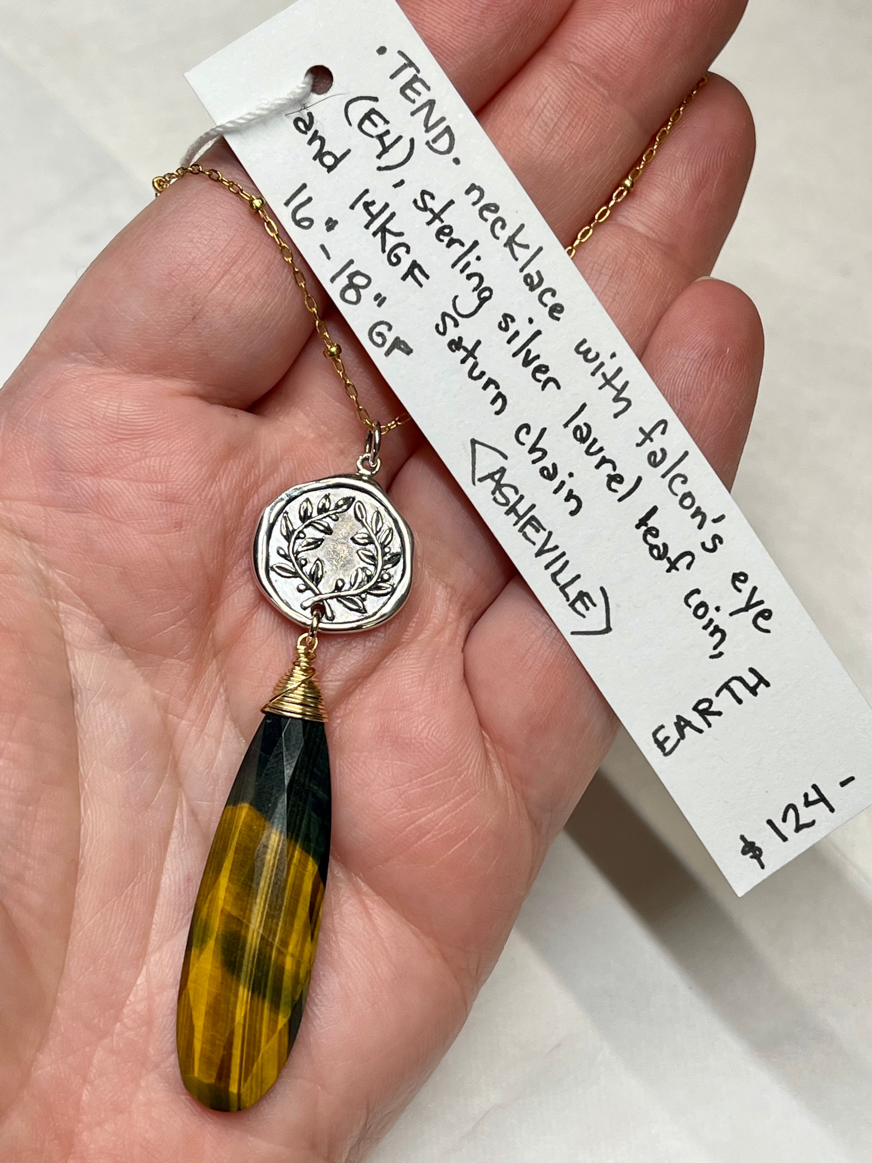 •TEND• faceted falcon's eye + laurel coin + mixed metal necklace (16"-18")