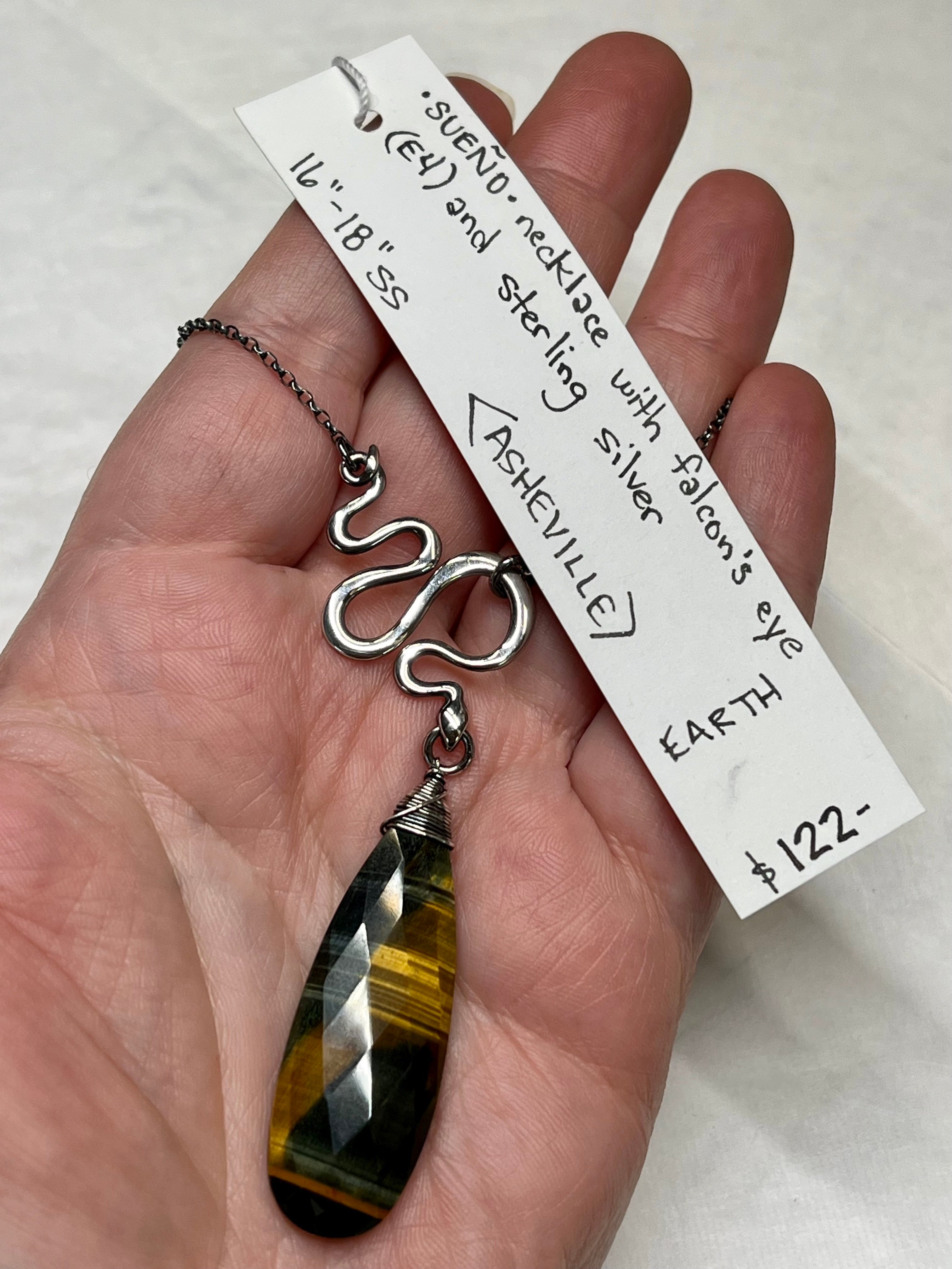 •SUEÑO• faceted falcon's eye + snake + silver necklace (16"-18")