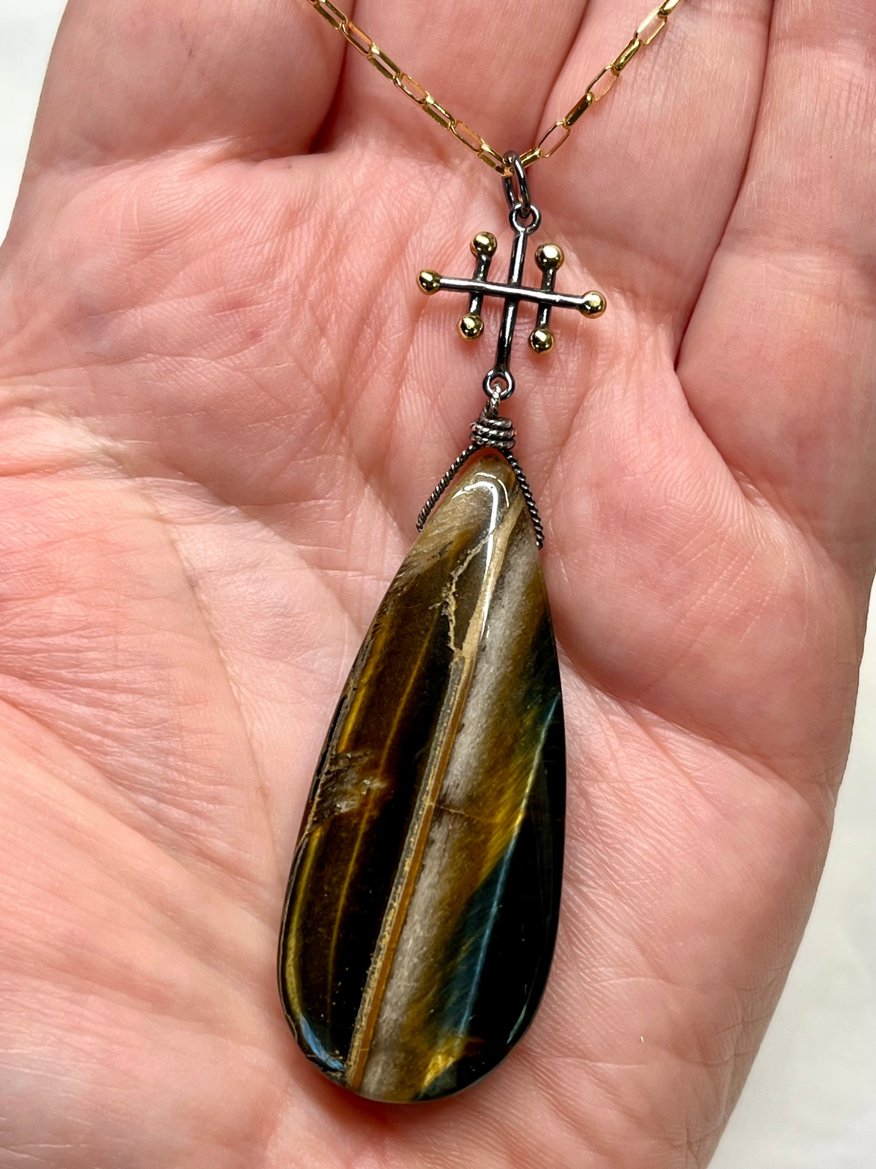 •INVOKE• falcon's eye + talisman + mixed metal necklace (18"-20")