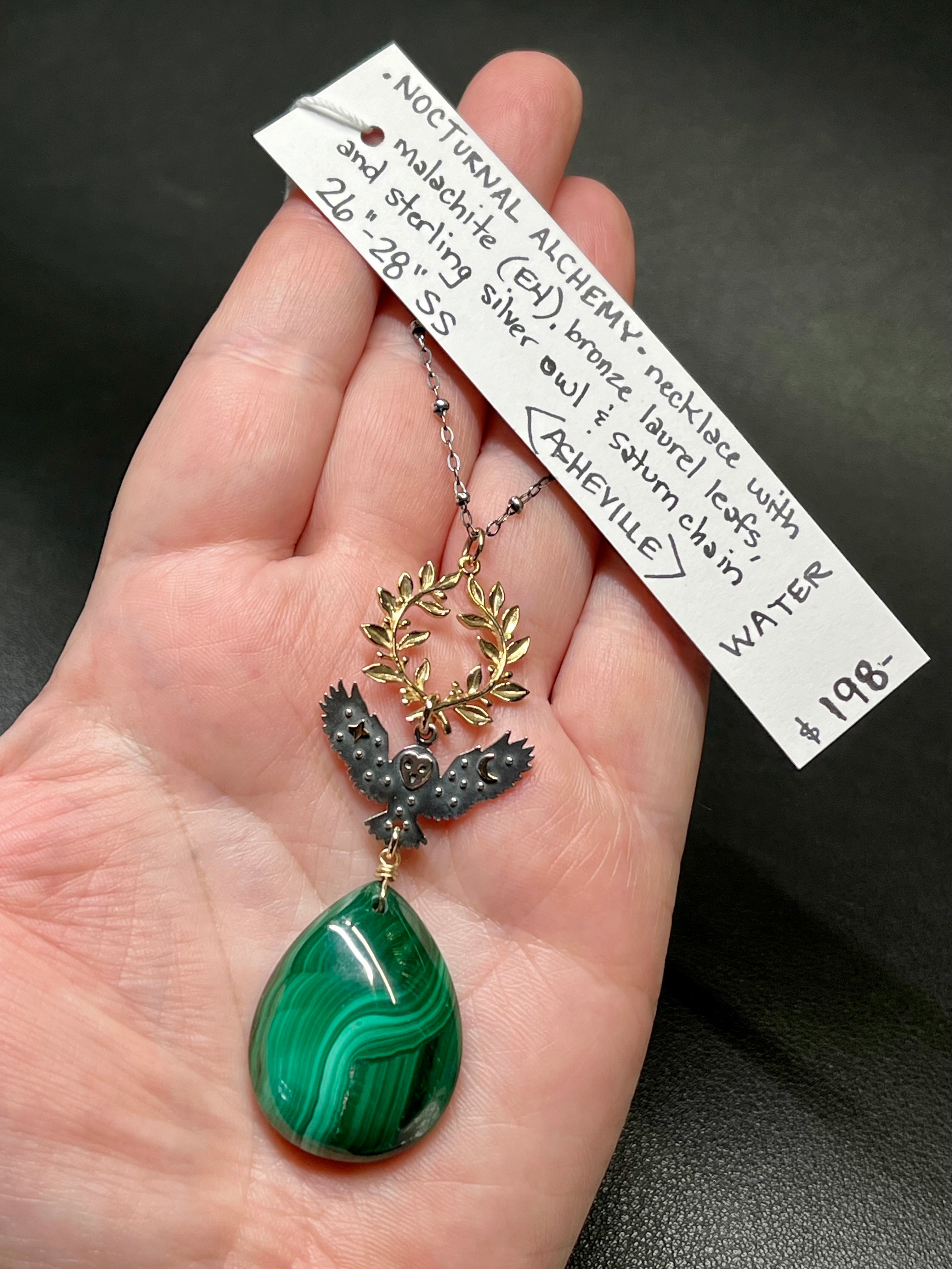 •NOCTURNAL ALCHEMY• malachite + owl + mixed metal necklace (26"-28" long)