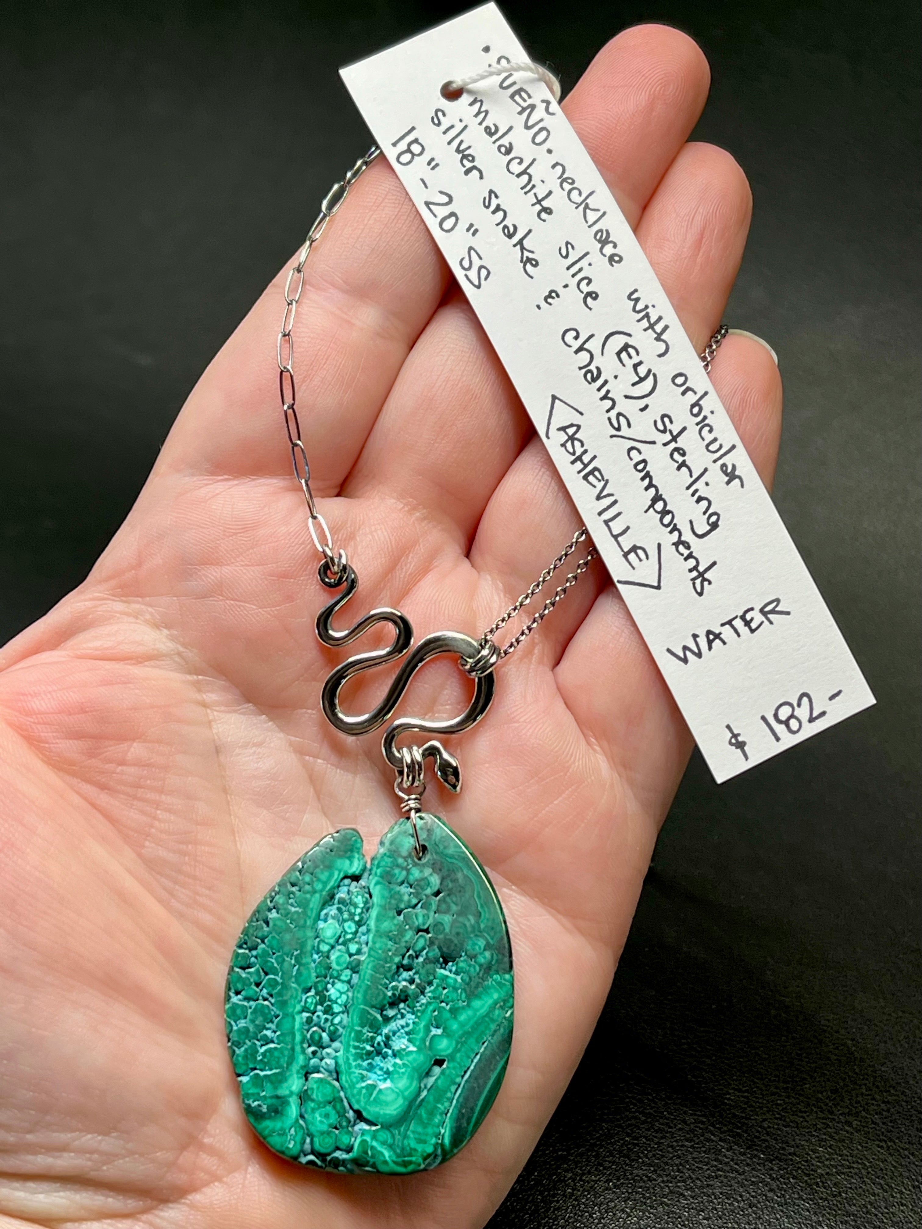 •SUEÑO• malachite + snake + silver necklace (18"-20" long)