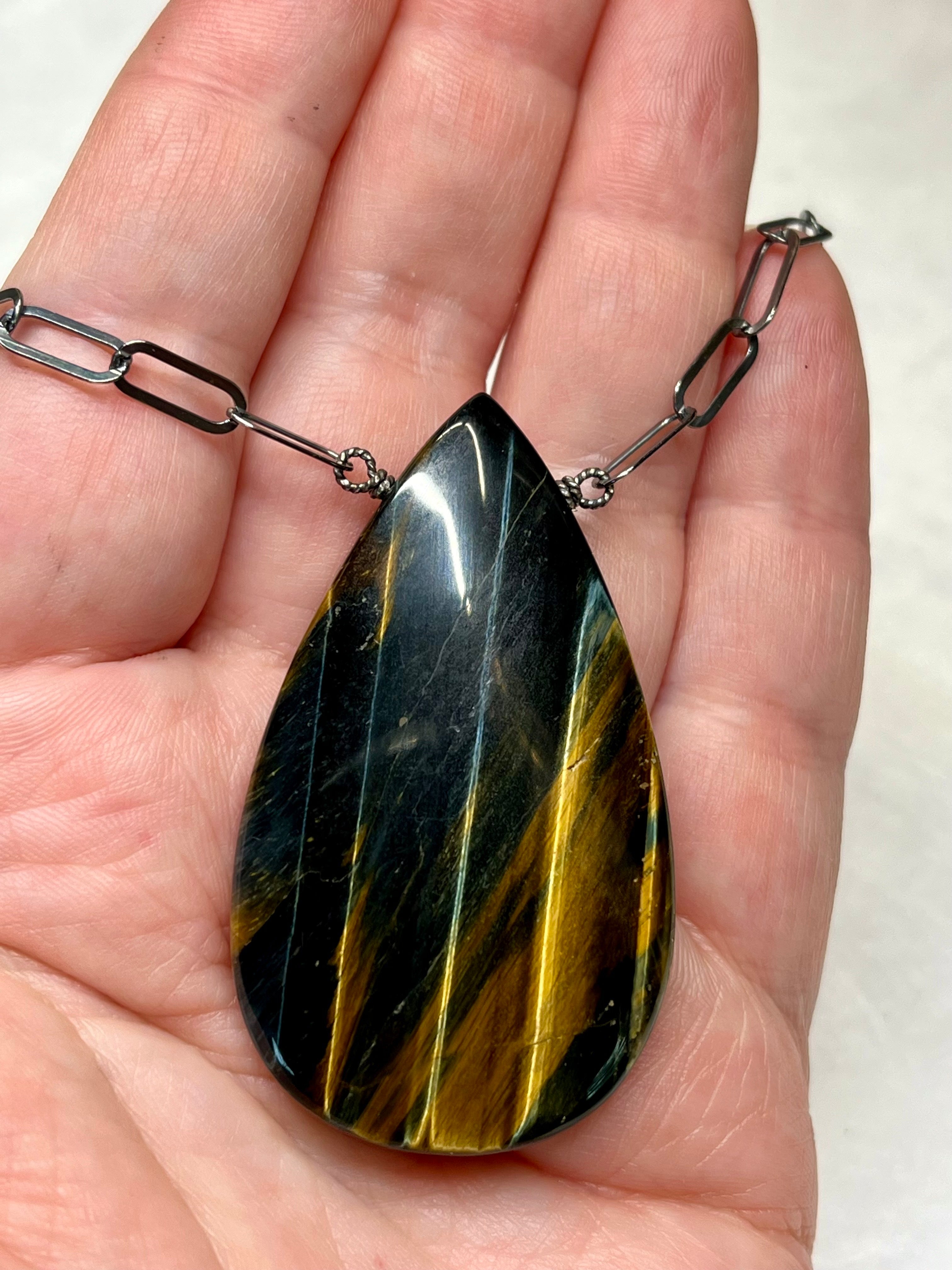 •AEON• falcon's eye + silver necklace (16"-18")