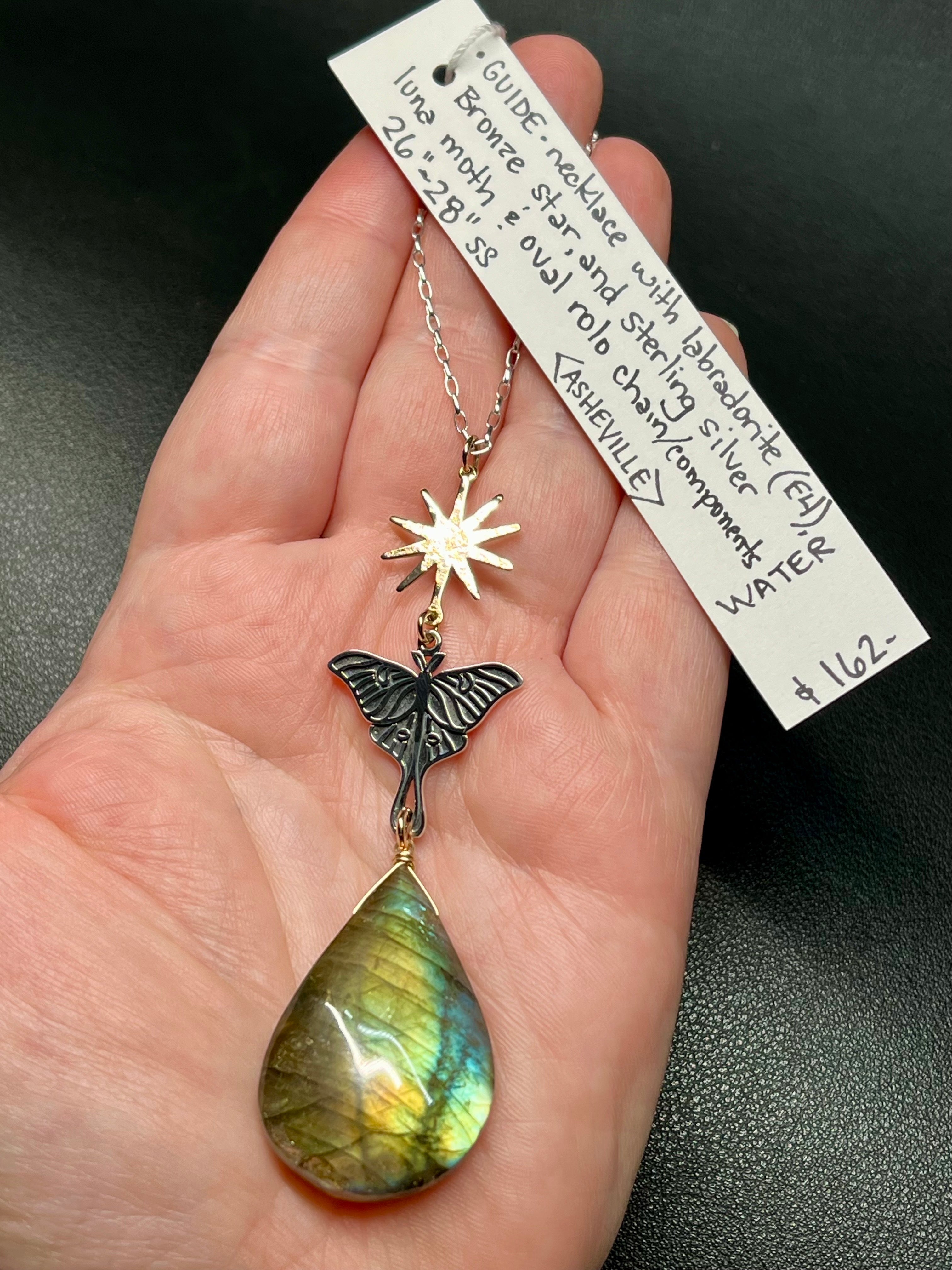 •GUIDE• labradorite + moth + mixed metal necklace (26"-28" long)