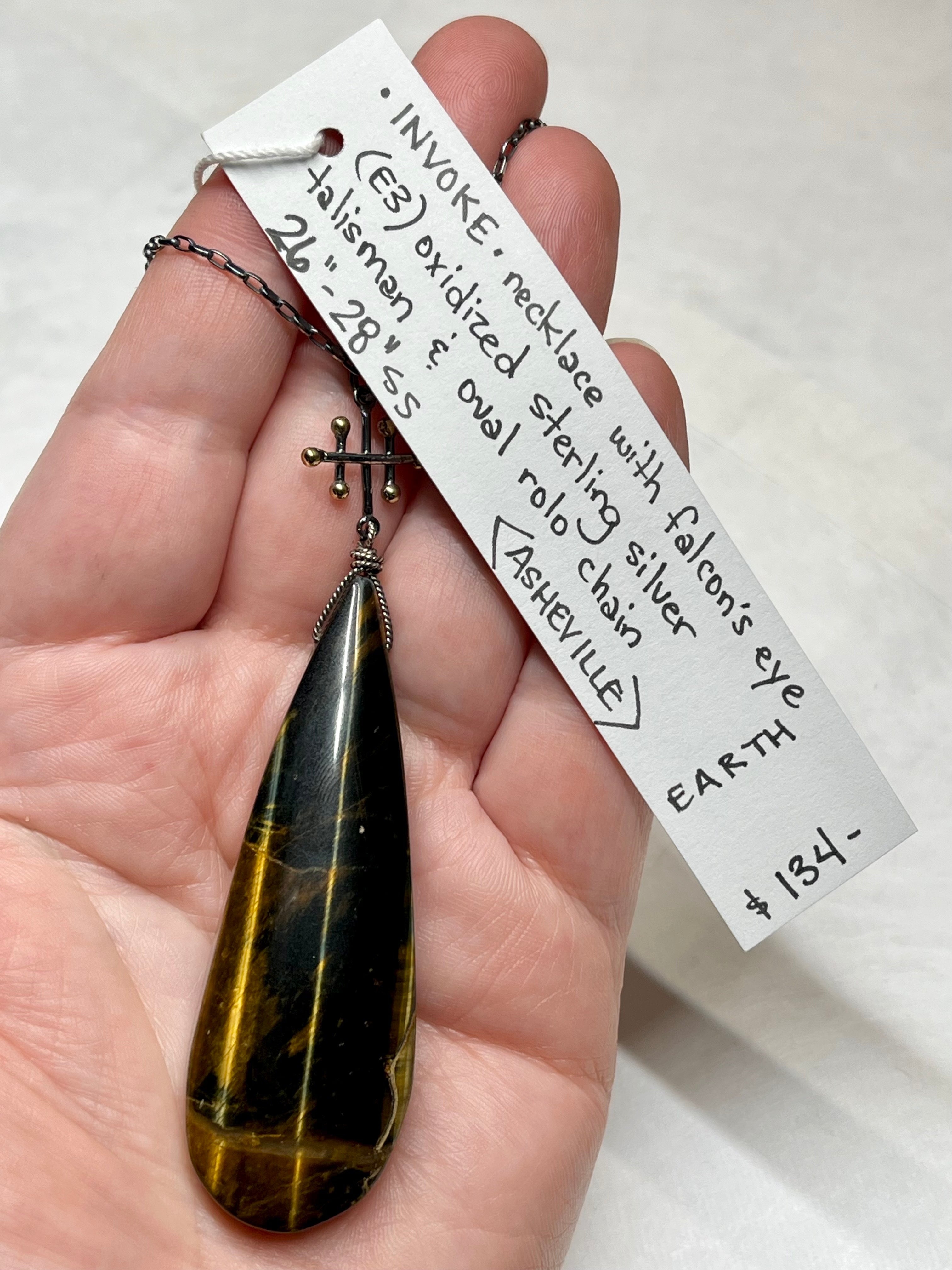 •INVOKE• falcon's eye + talisman + silver necklace (26"-28")