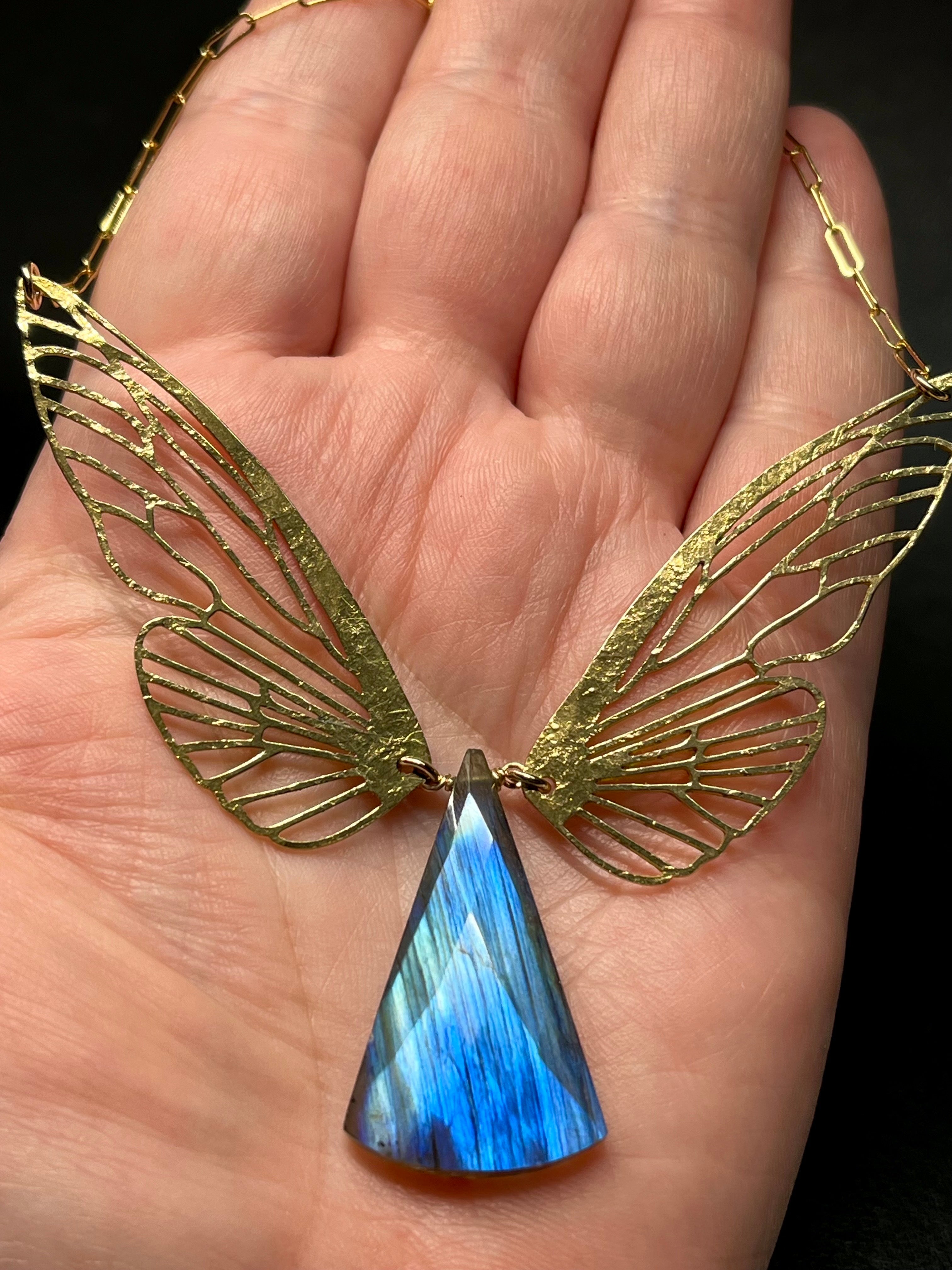 •METAMORPH• labradorite + wings + gold necklace (18"-20" long)