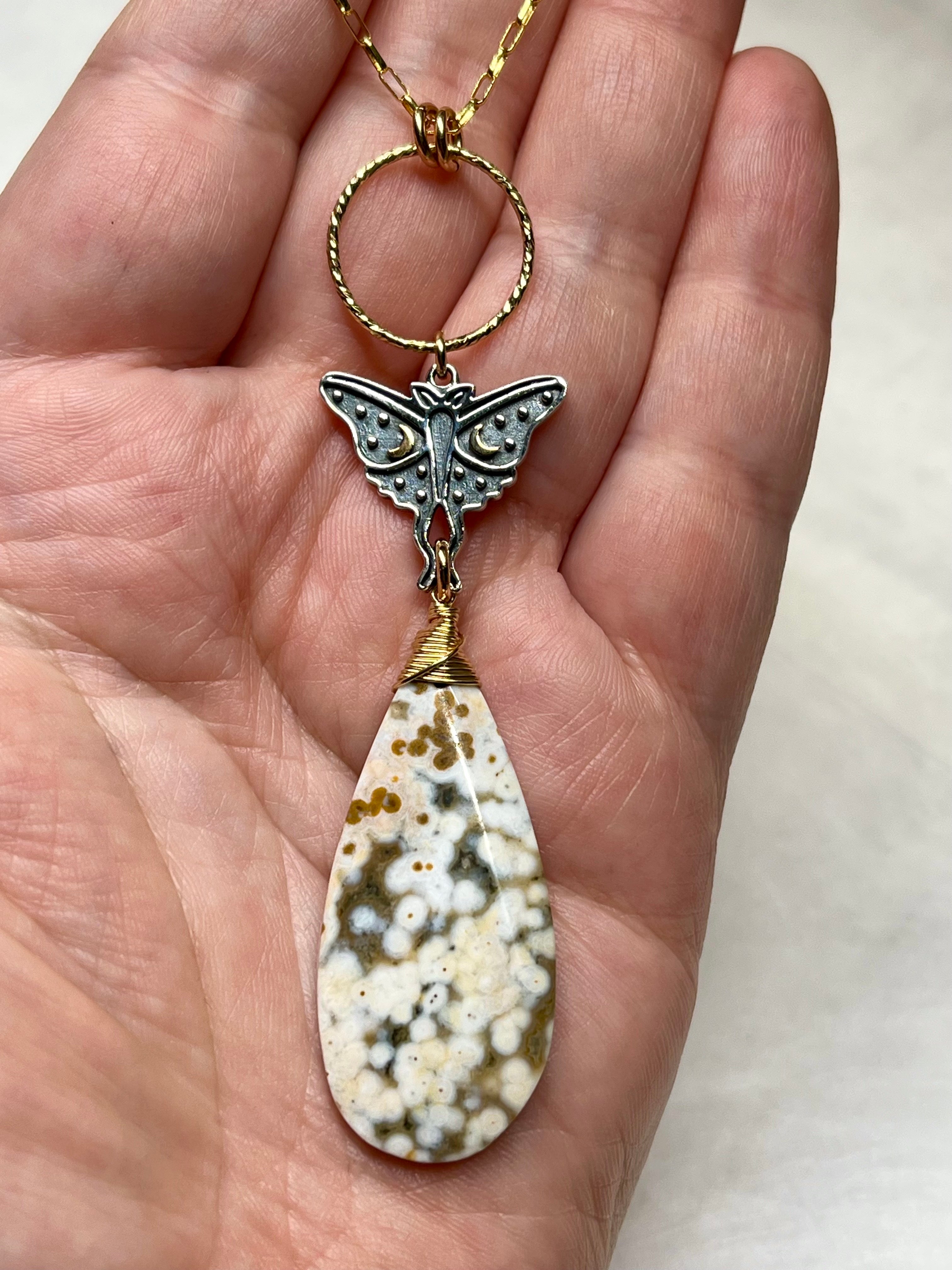 •GUIDE• ocean jasper + luna moth + mixed metal necklace (26"-28")