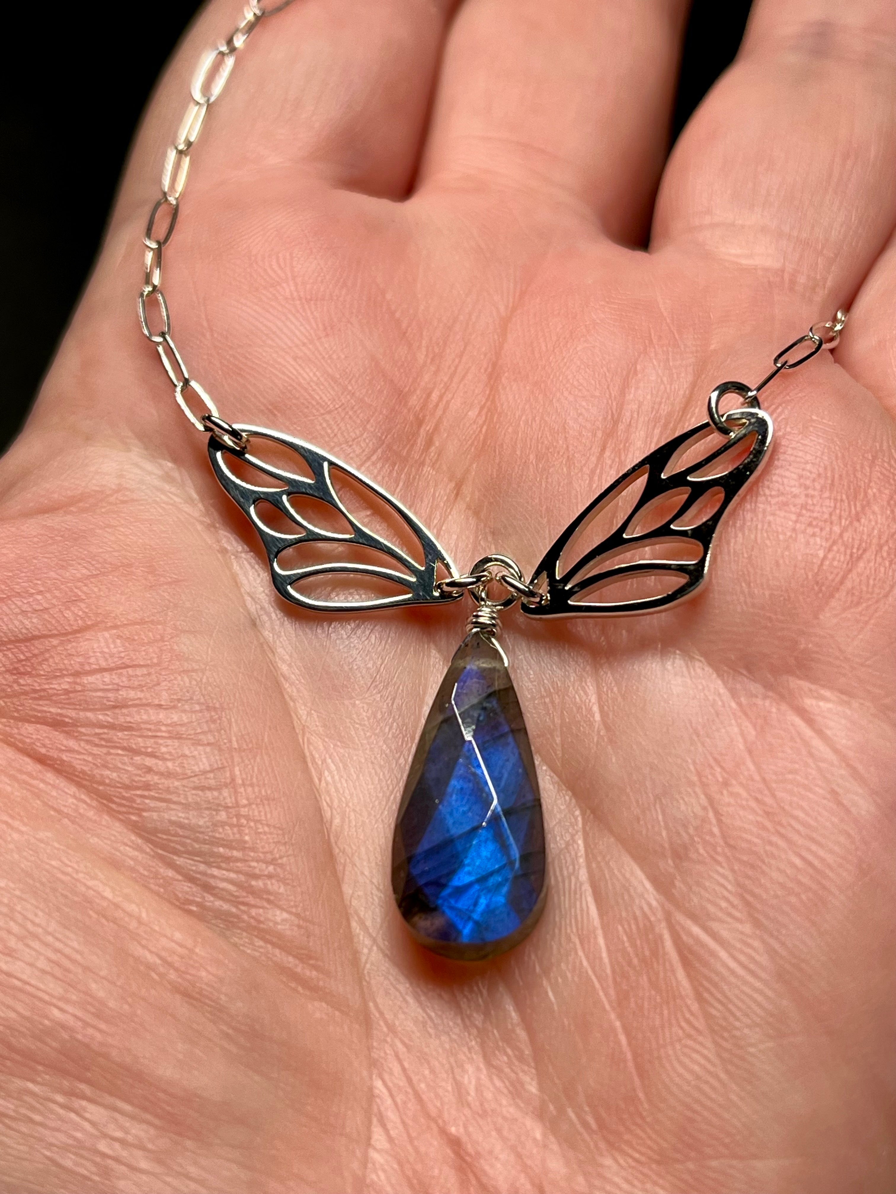 •METAMORPH• labradorite + wings + silver necklace (18"-20" long)