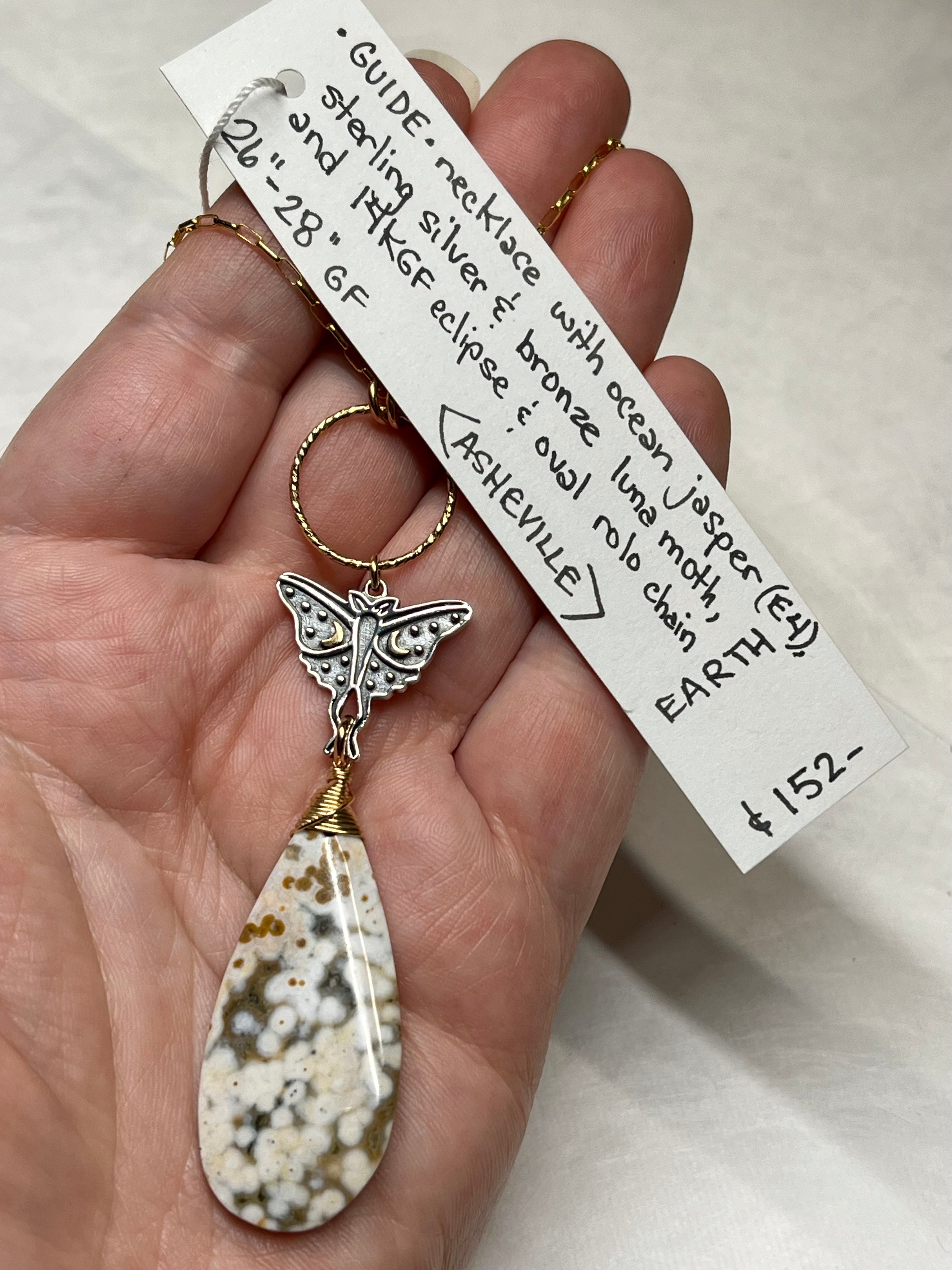 •GUIDE• ocean jasper + luna moth + mixed metal necklace (26"-28")