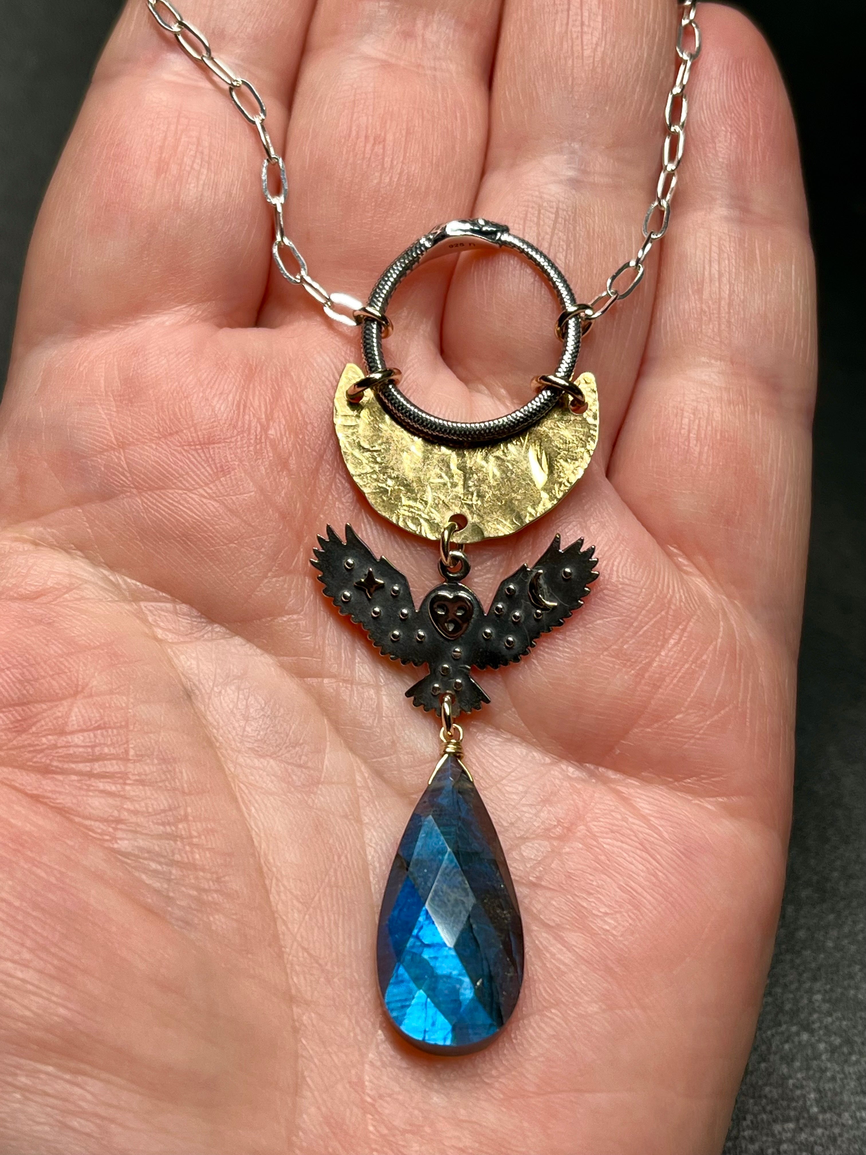 •NIGHT HUNT• labradorite + owl + mixed metal necklace (18"-20" long)