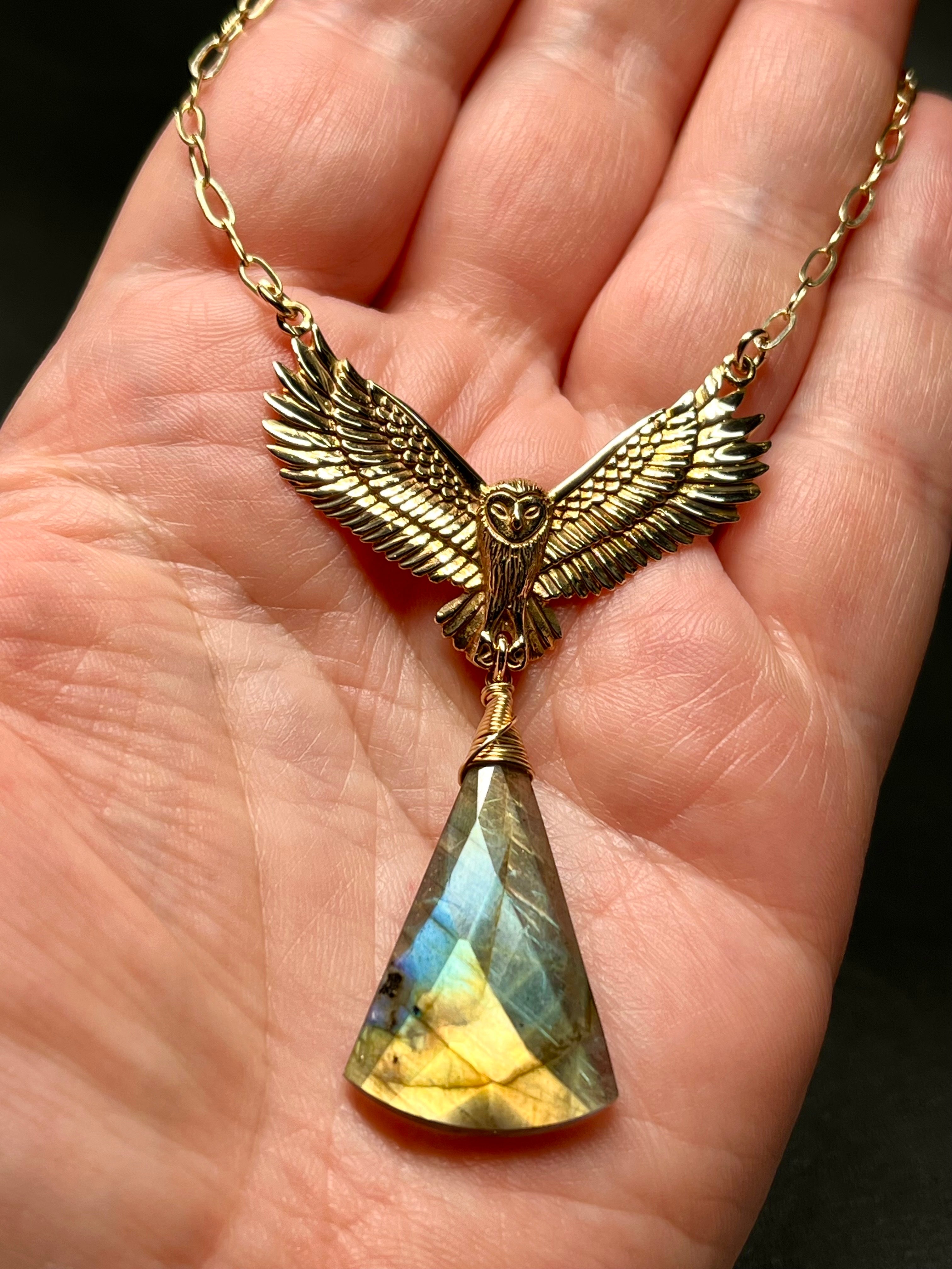 •NOCTURNA• labradorite + owl + gold necklace (18"-20" long)