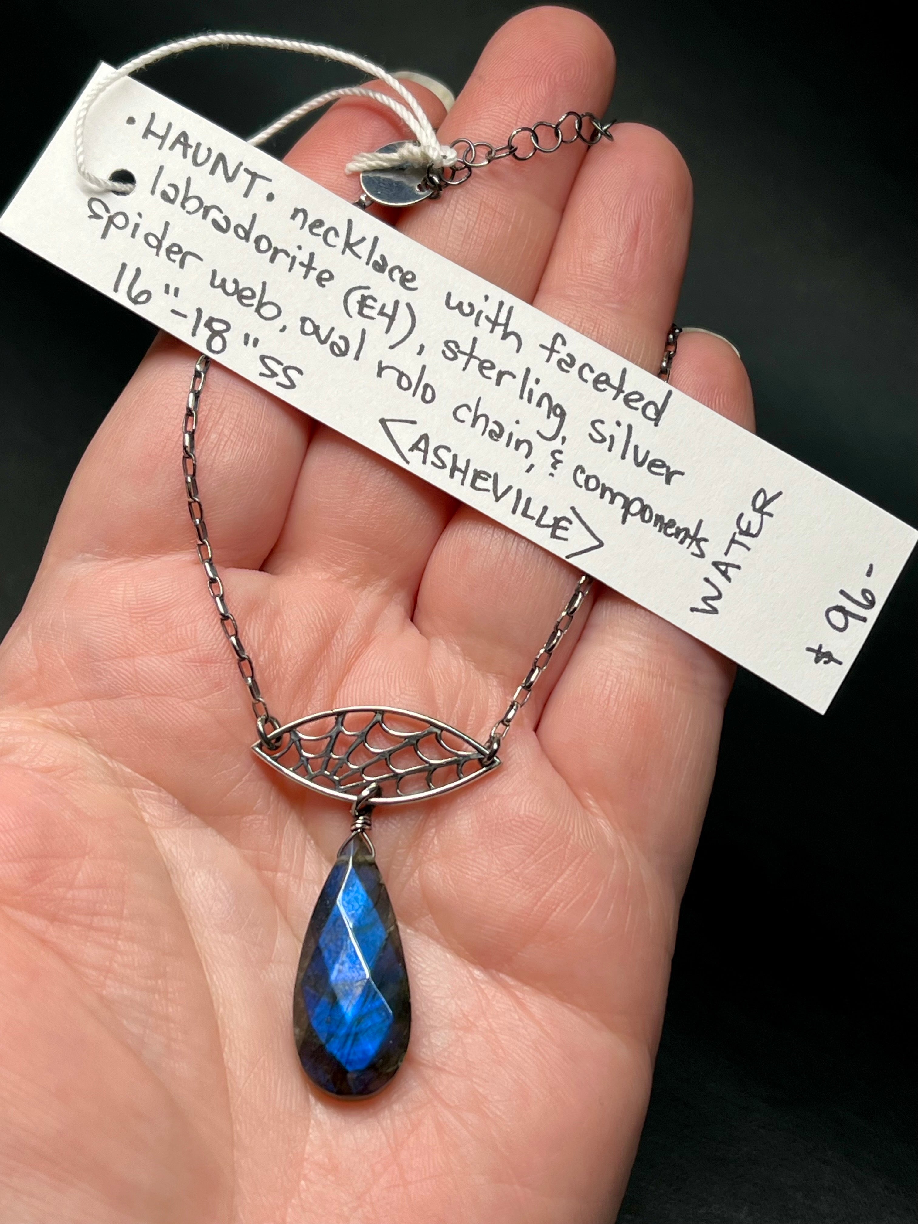 •HAUNT• labradorite + spider web + silver necklace (16"-18" long)