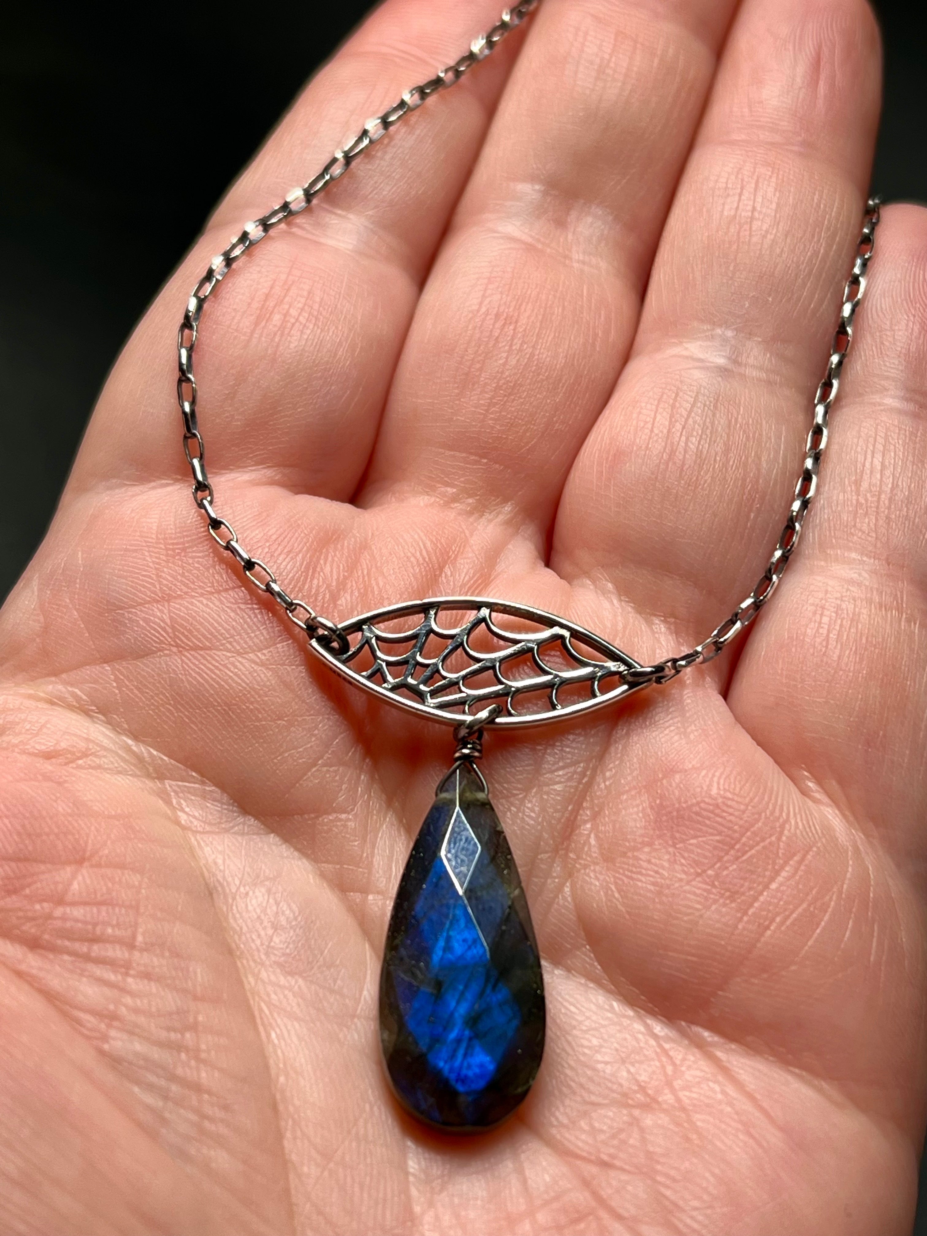 •HAUNT• labradorite + spider web + silver necklace (16"-18" long)