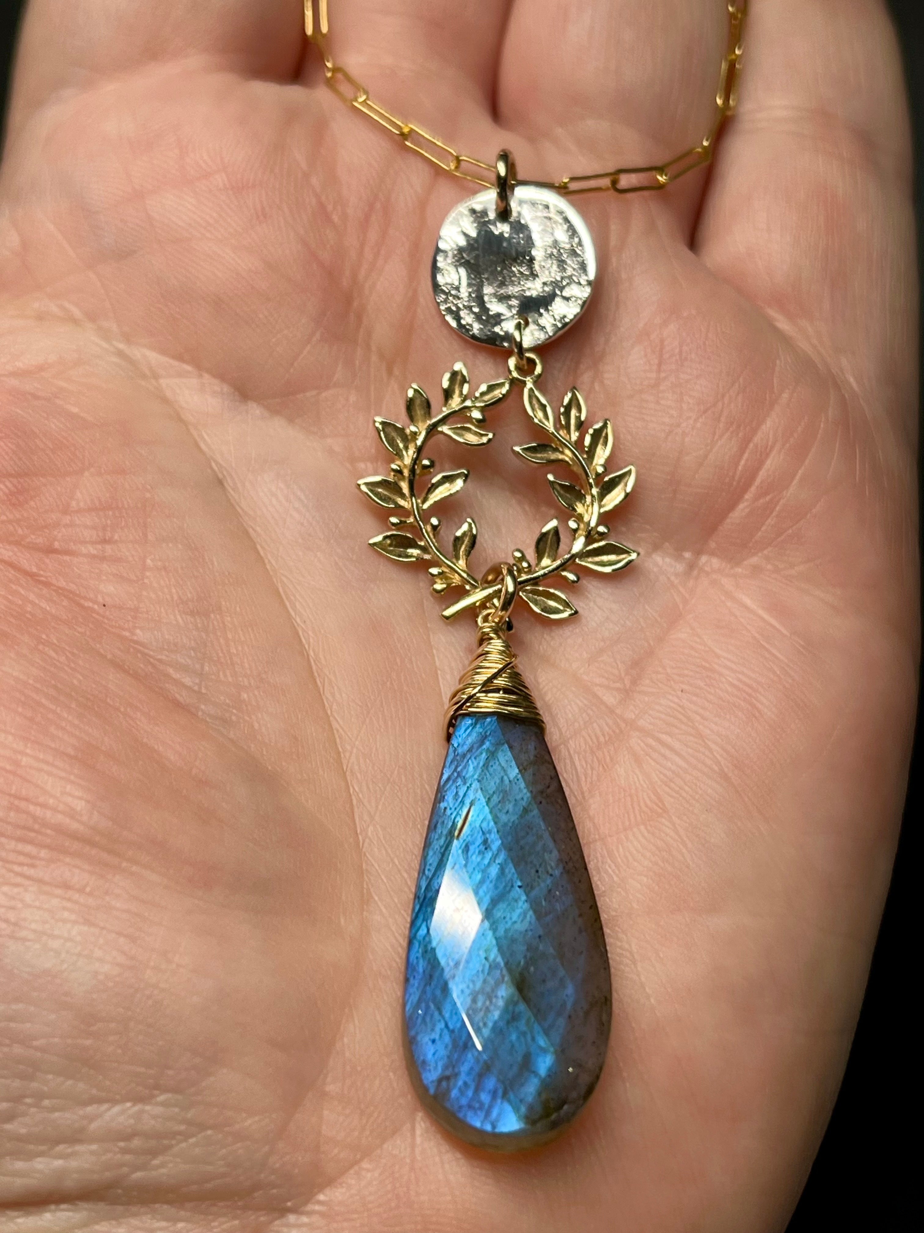 •ALCHEMY• labradorite + laurel leaves + mixed metal necklace (26"-28" long)