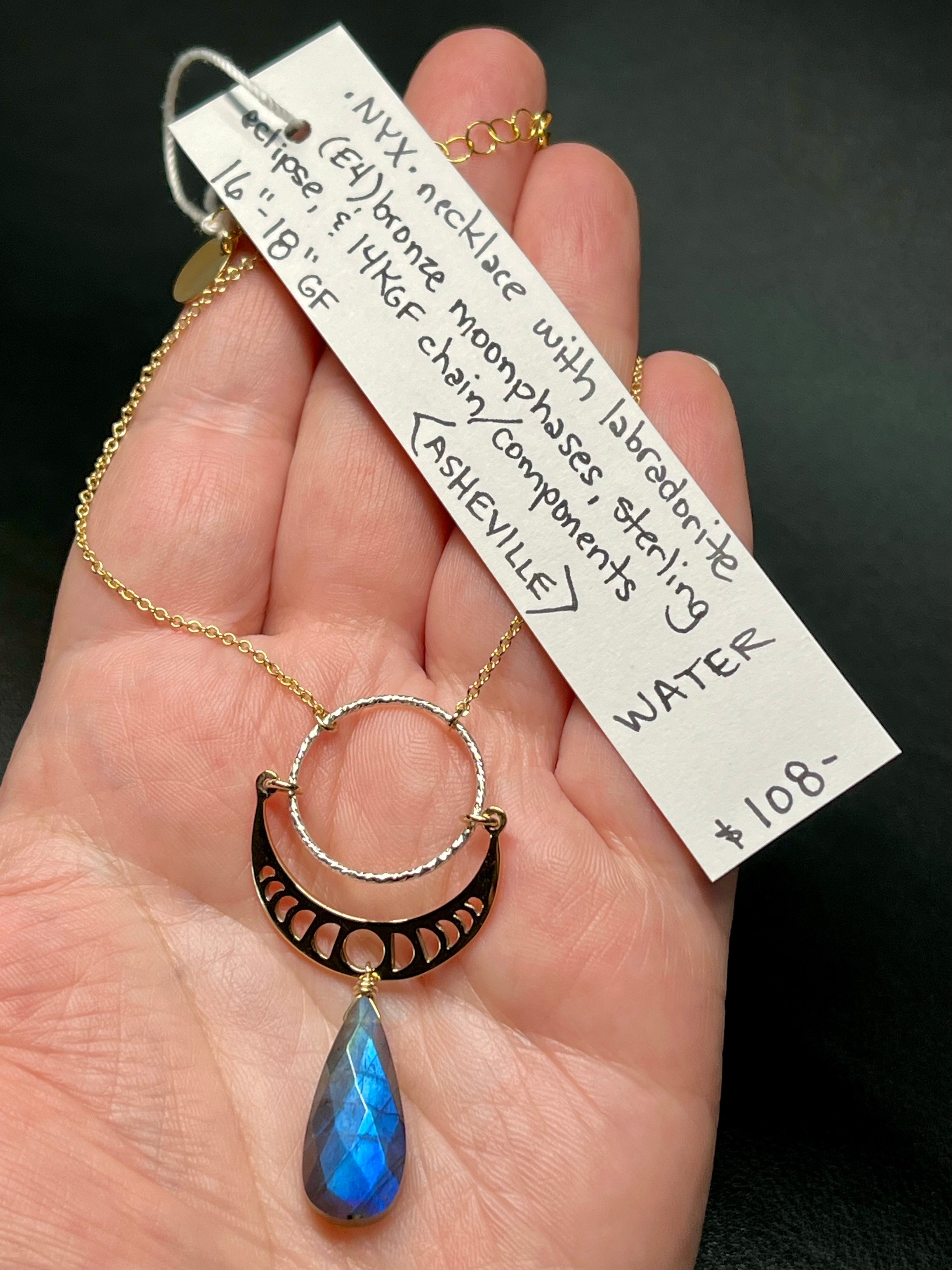•NYX• labradorite + moonphases + mixed metal necklace (16"-18" long)