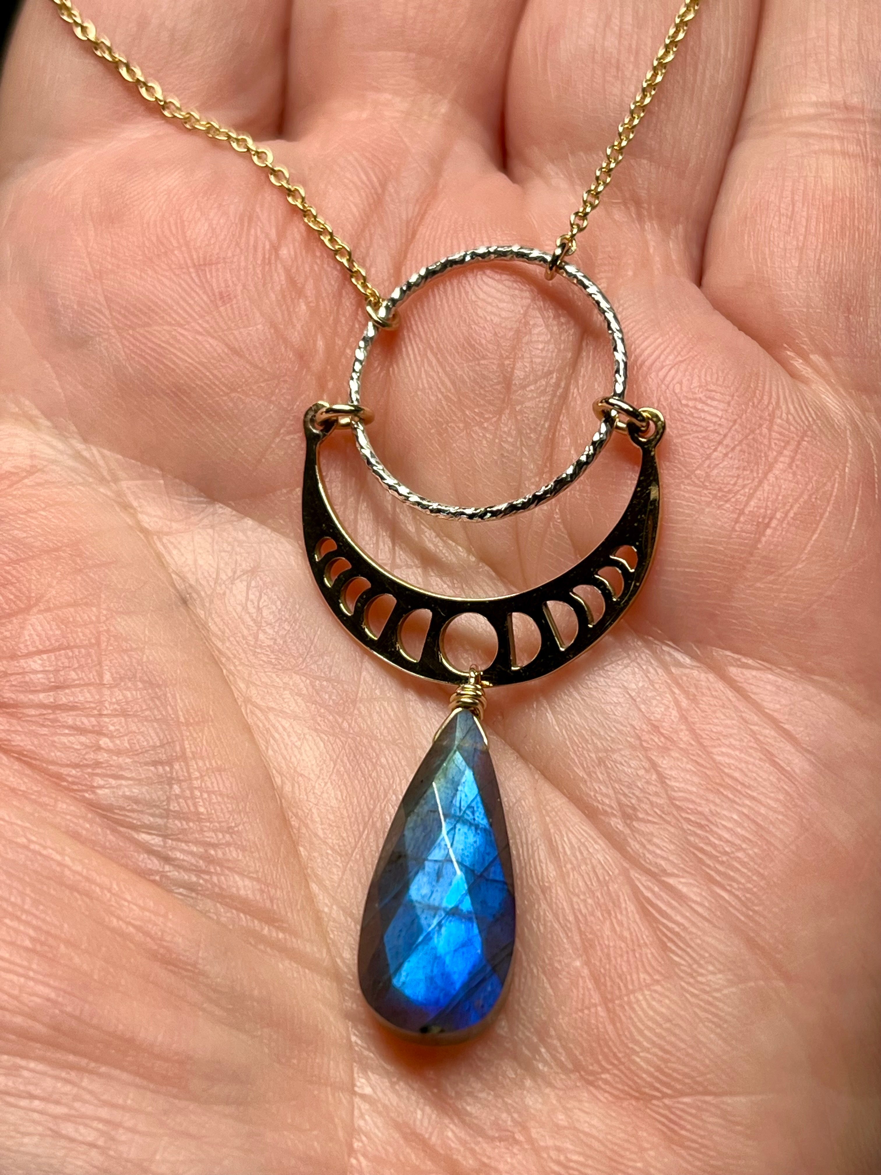 •NYX• labradorite + moonphases + mixed metal necklace (16"-18" long)