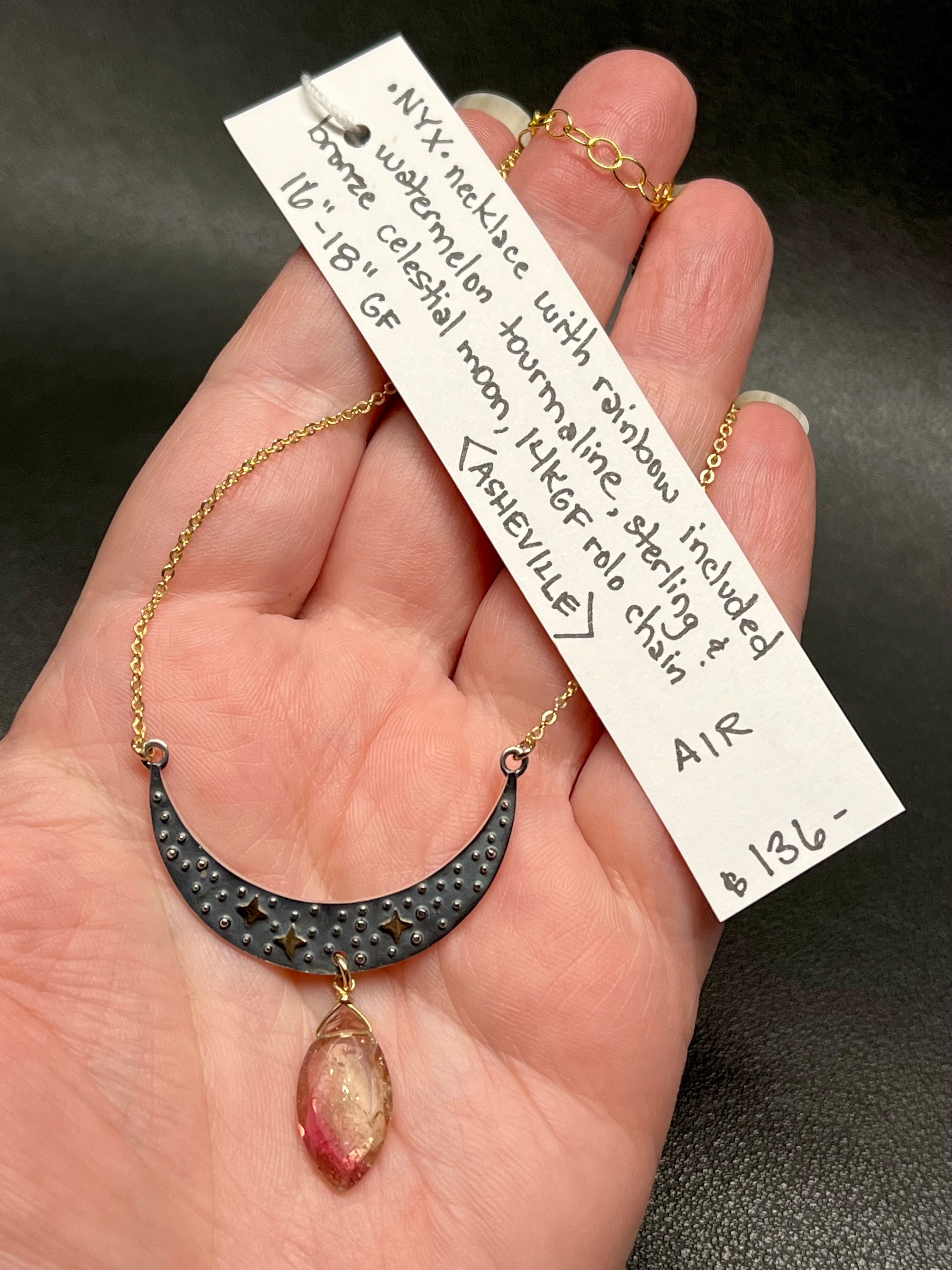 •NYX• watermelon tourmaline + moon + mixed metal necklace (16"-18" long)