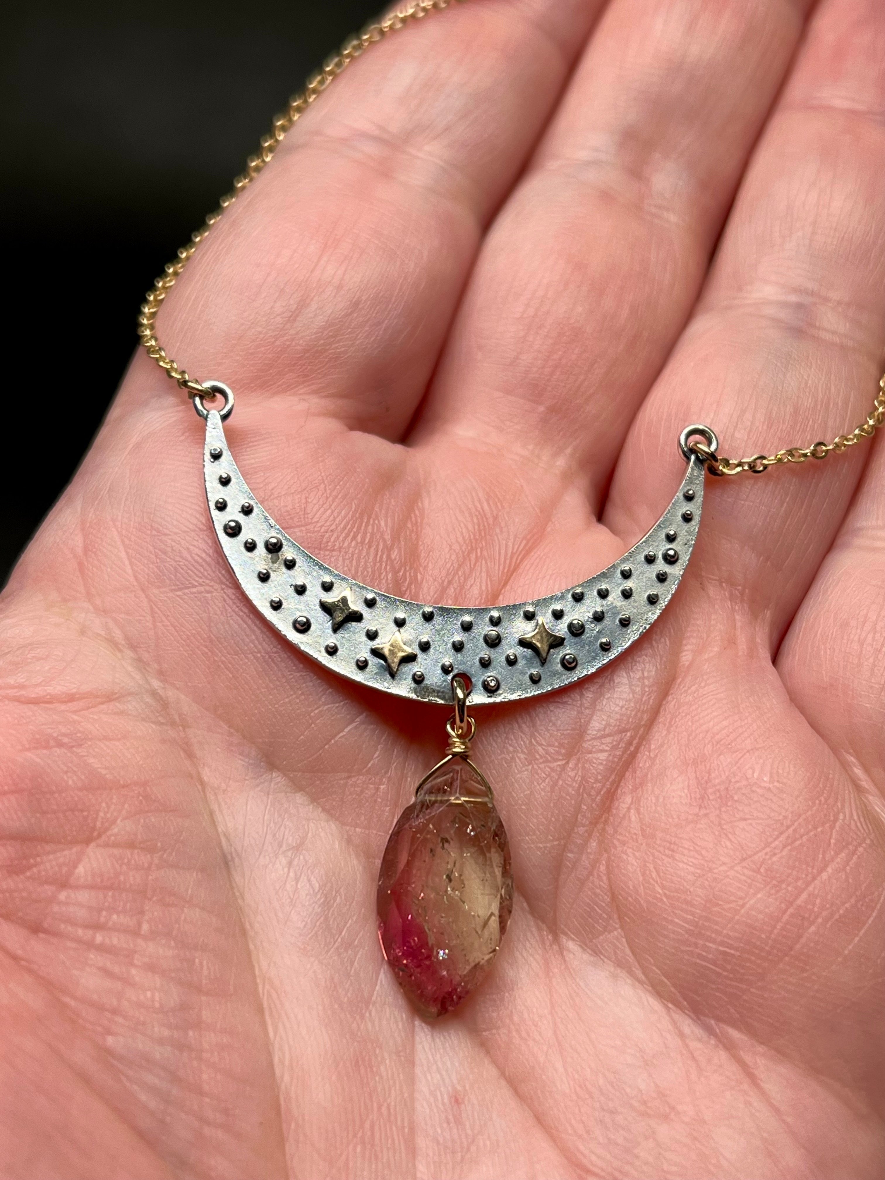 •NYX• watermelon tourmaline + moon + mixed metal necklace (16"-18" long)