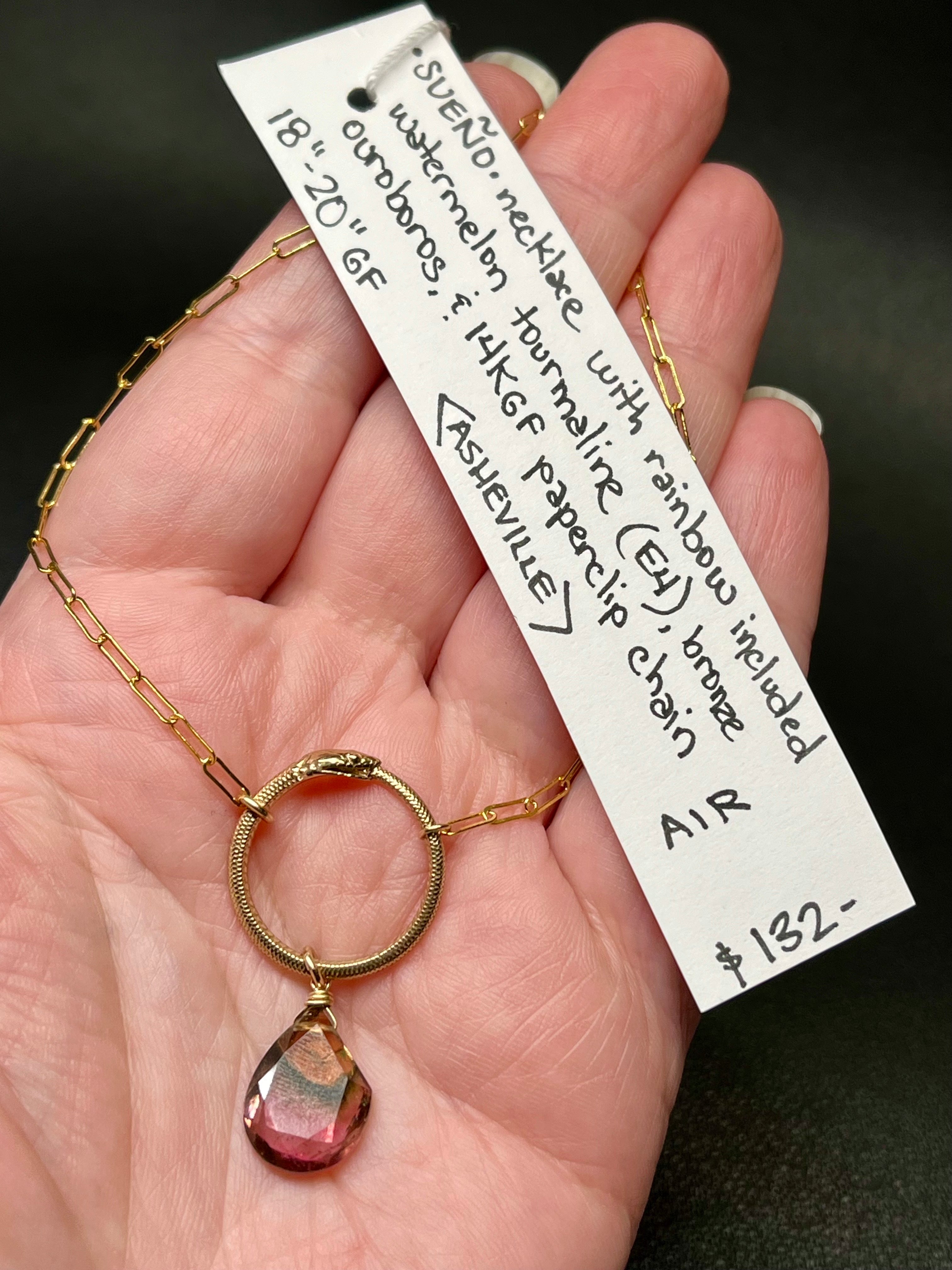 •SUEÑO• watermelon tourmaline + ouroboros + gold necklace (18"-20" long)
