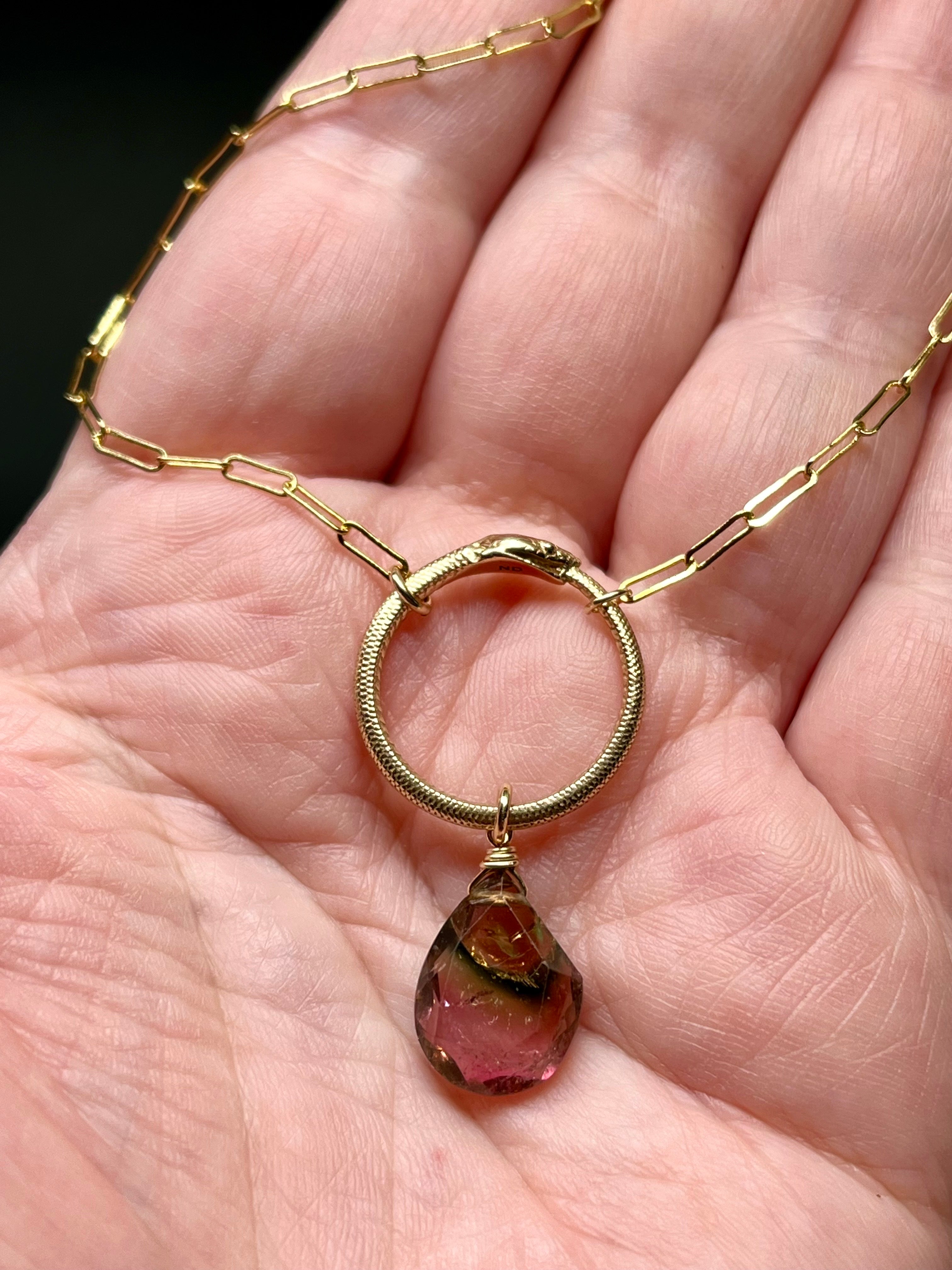 •SUEÑO• watermelon tourmaline + ouroboros + gold necklace (18"-20" long)