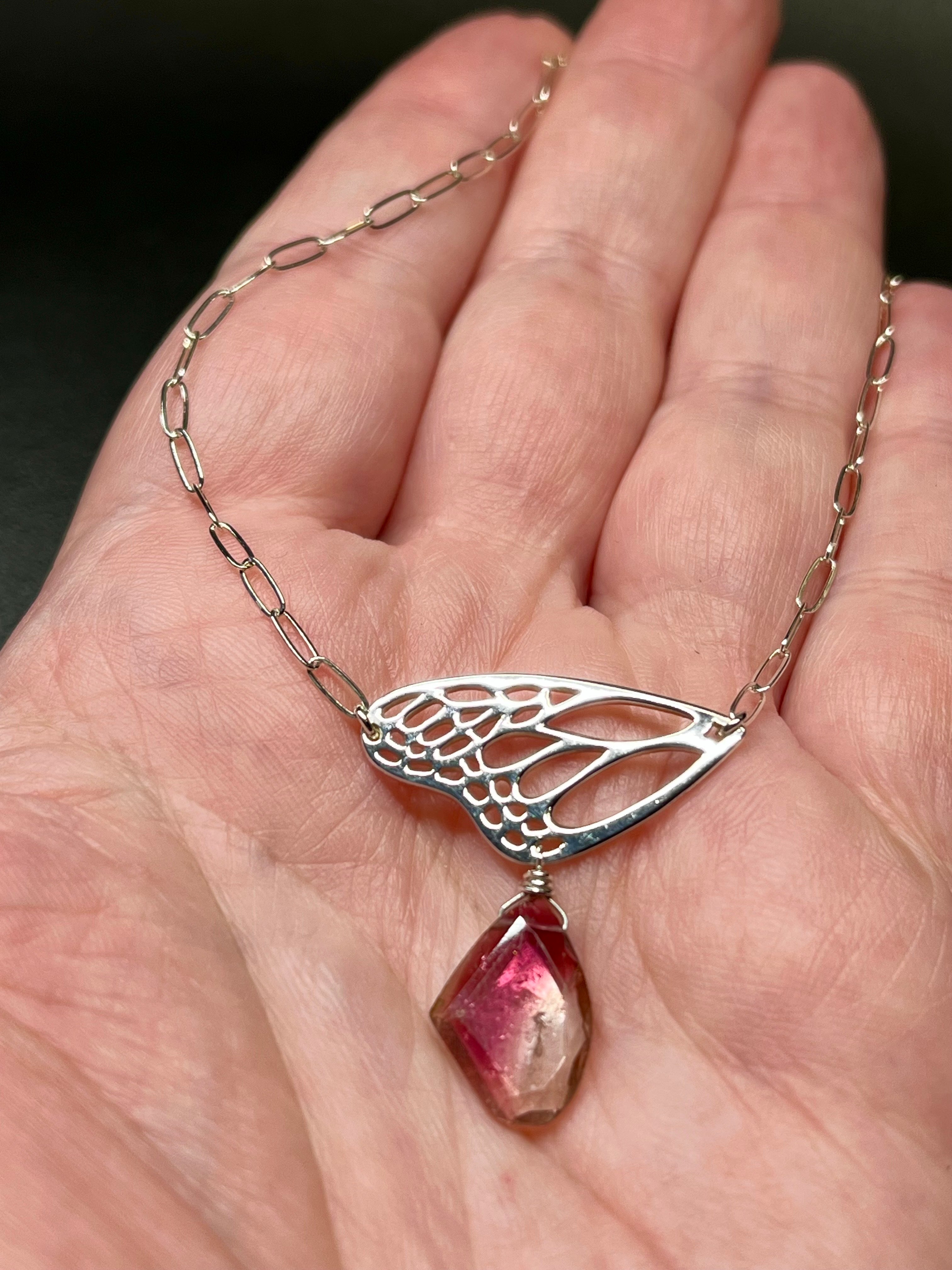 •RENEWAL• watermelon tourmaline + wing + silver necklace (18"-20" long)