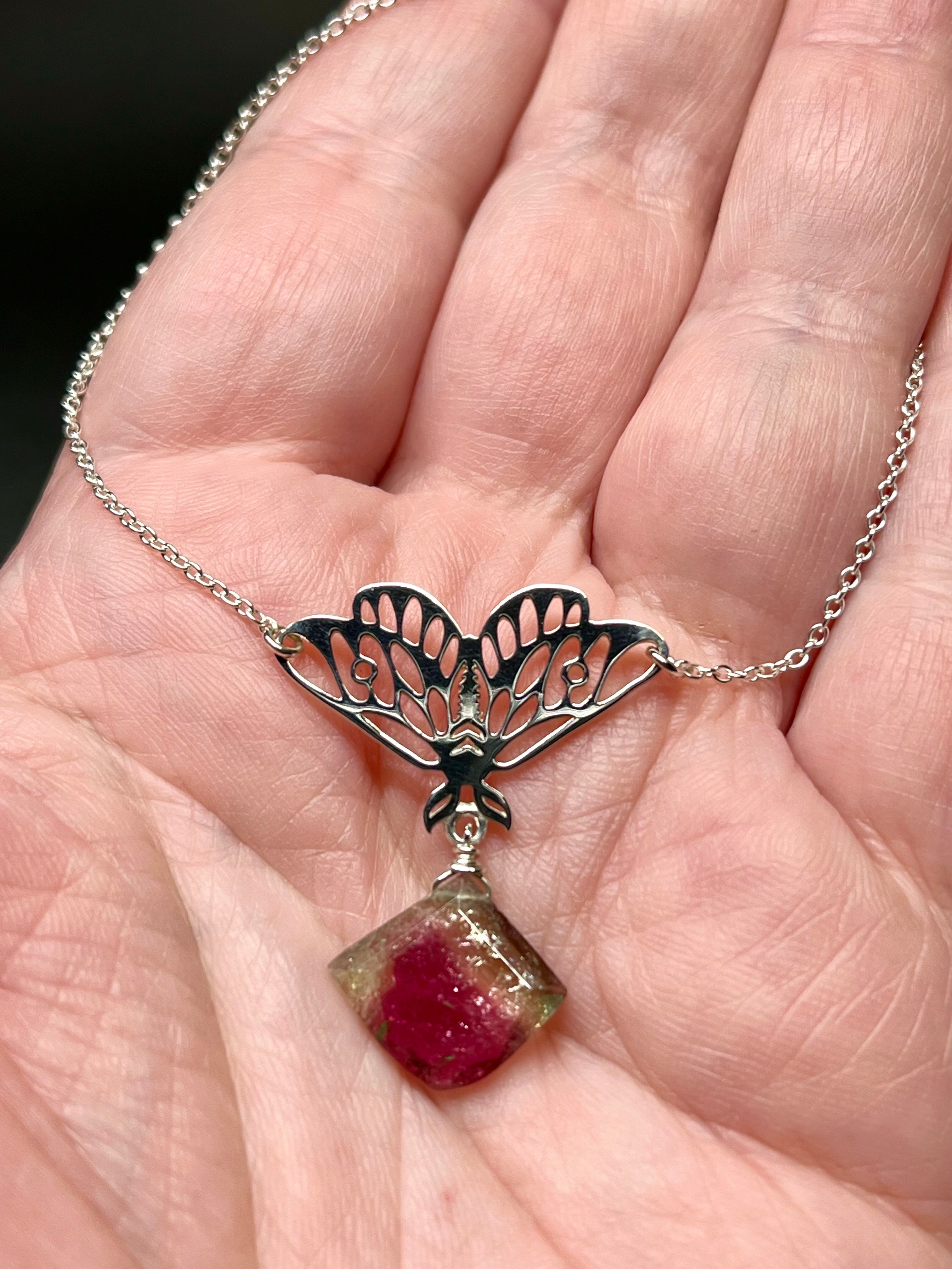 •GUIDE• watermelon tourmaline + moth + silver necklace (18"-20" long)