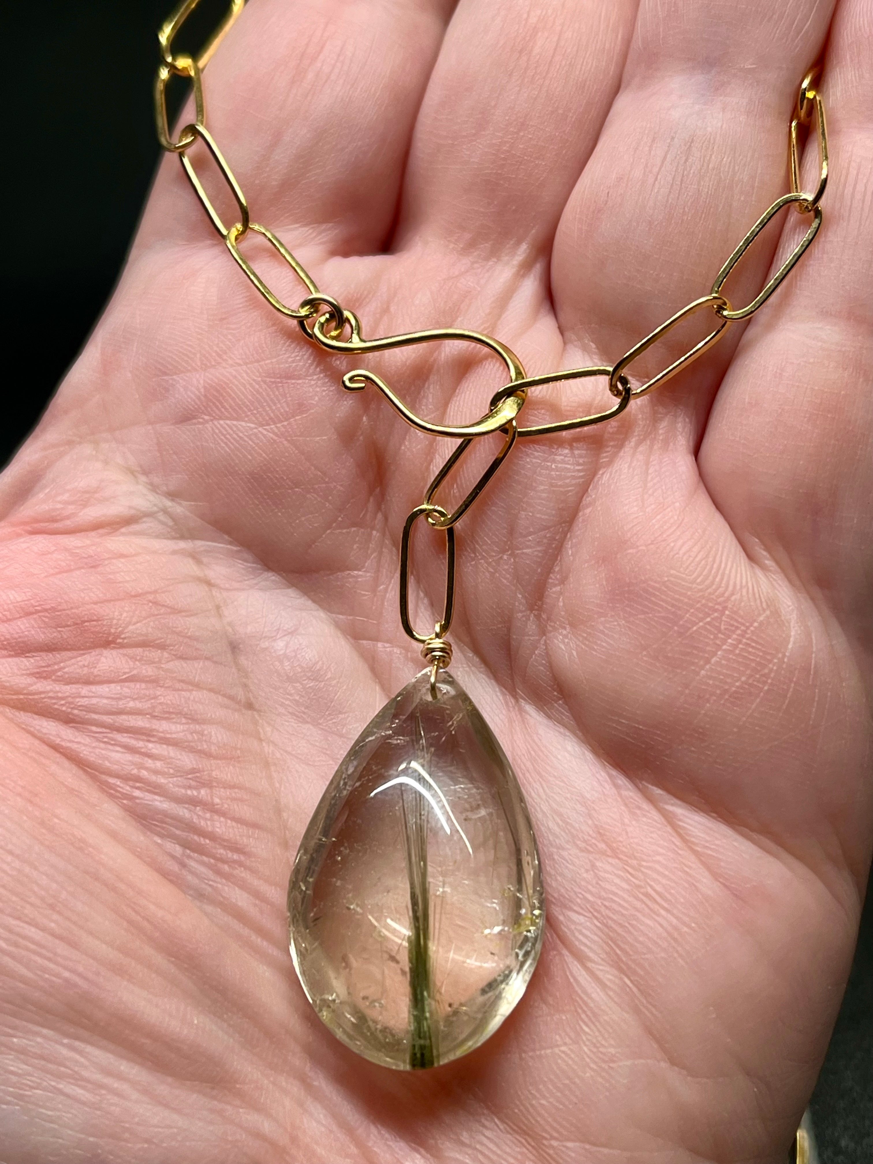 •LINKED• green tourmalinated quartz + gold necklace (adj to 20")