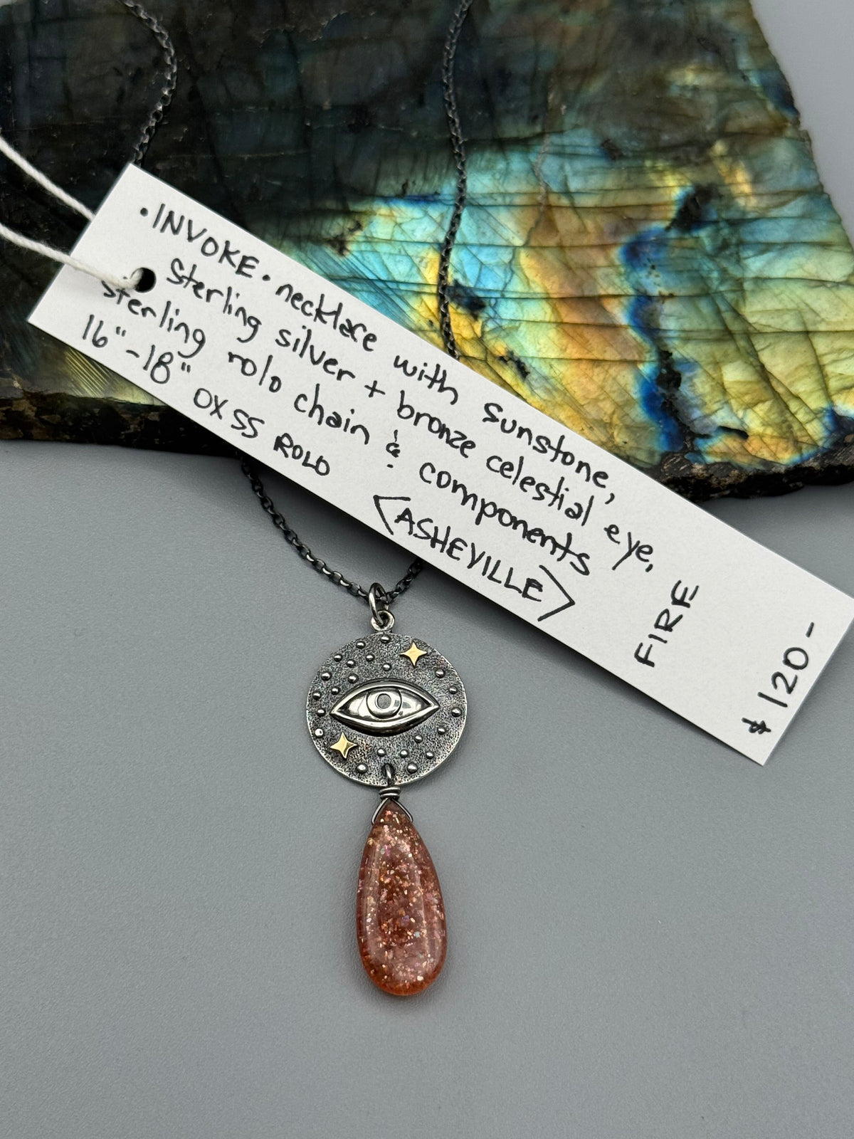 •INVOKE• sunstone teardrop + silver necklace (16"-18" long)