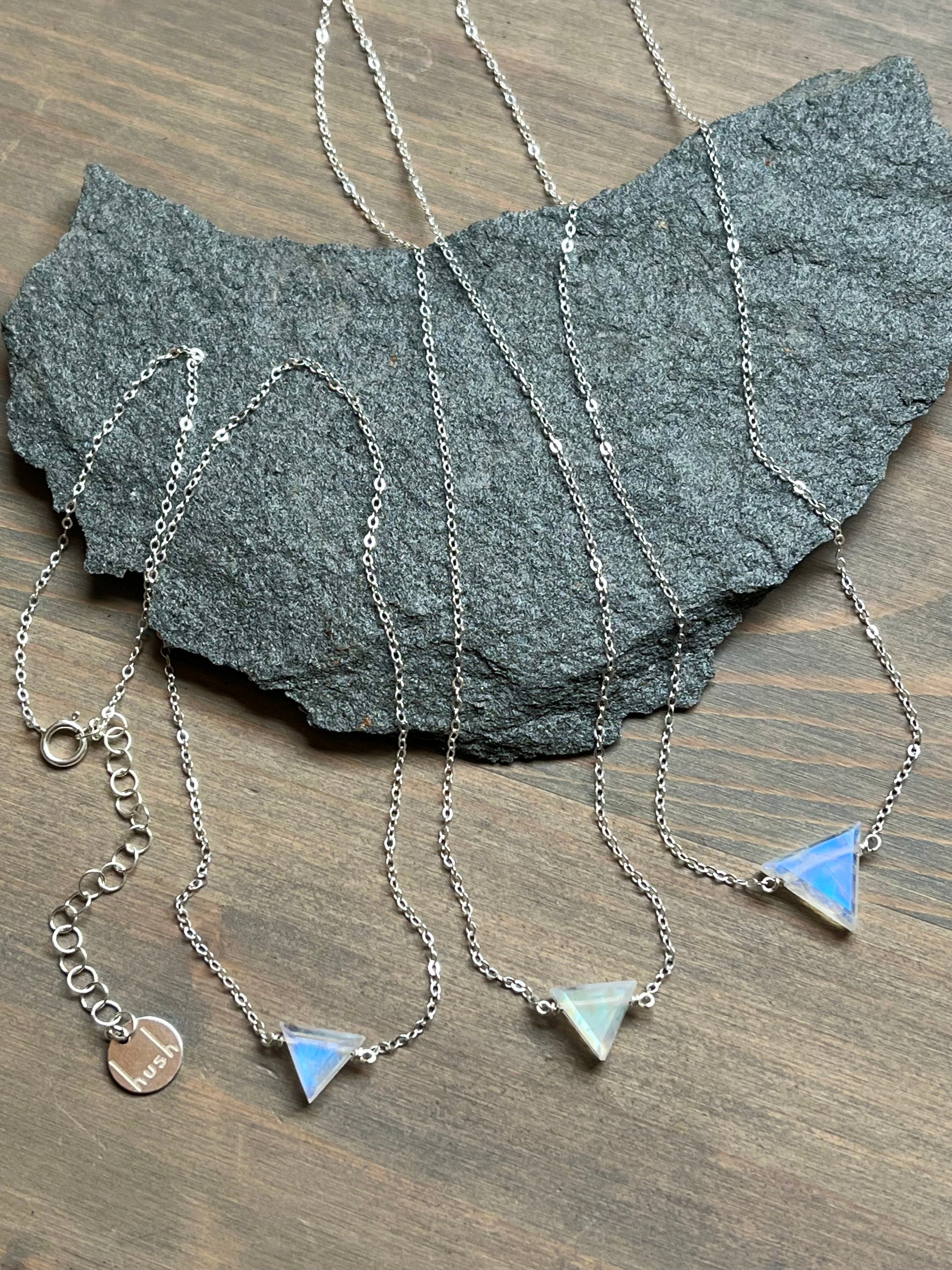 •STRAY• rainbow moonstone triangle + silver necklace (various lengths)