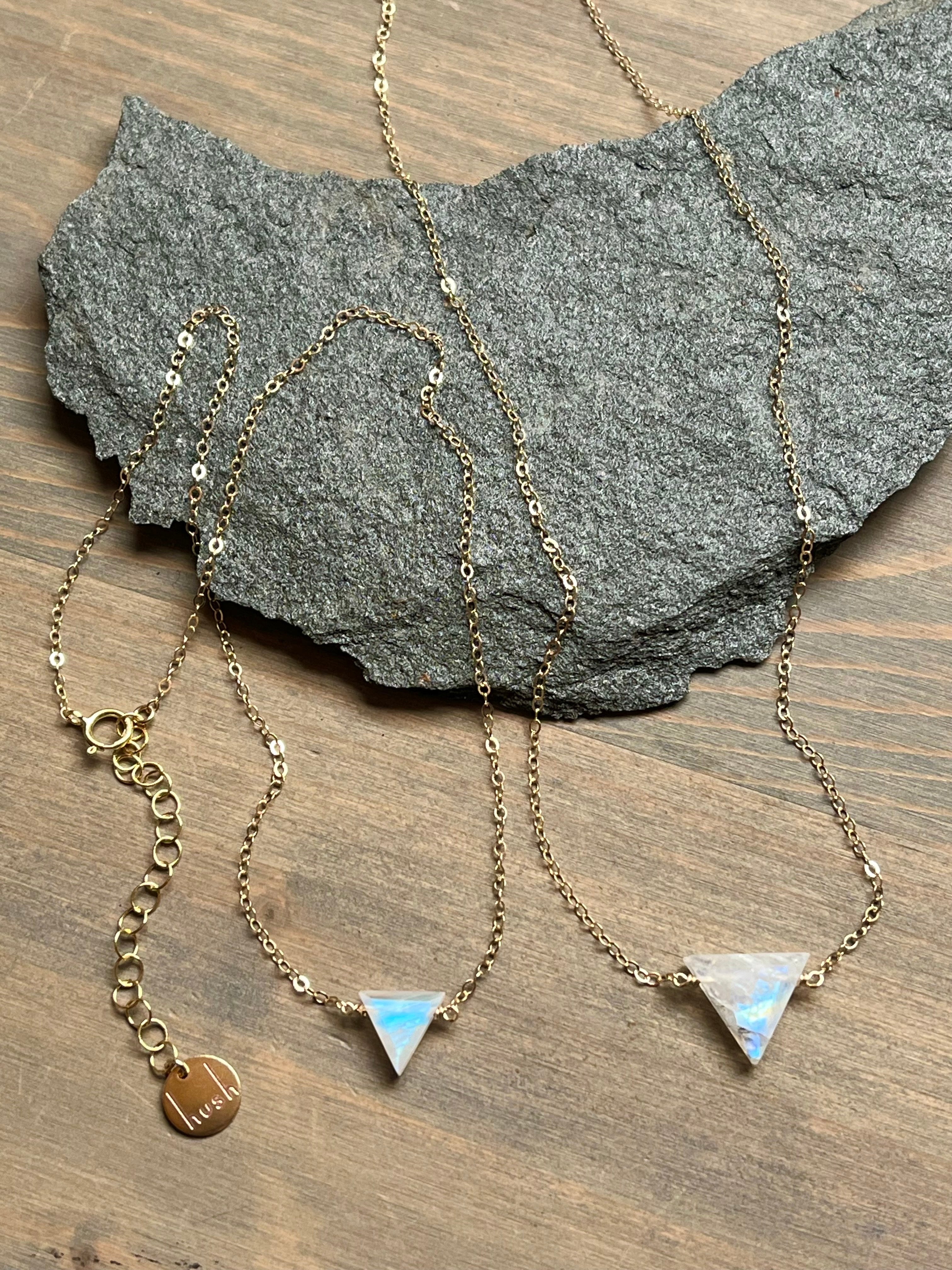 •STRAY• rainbow moonstone triangle + gold necklace (various lengths)