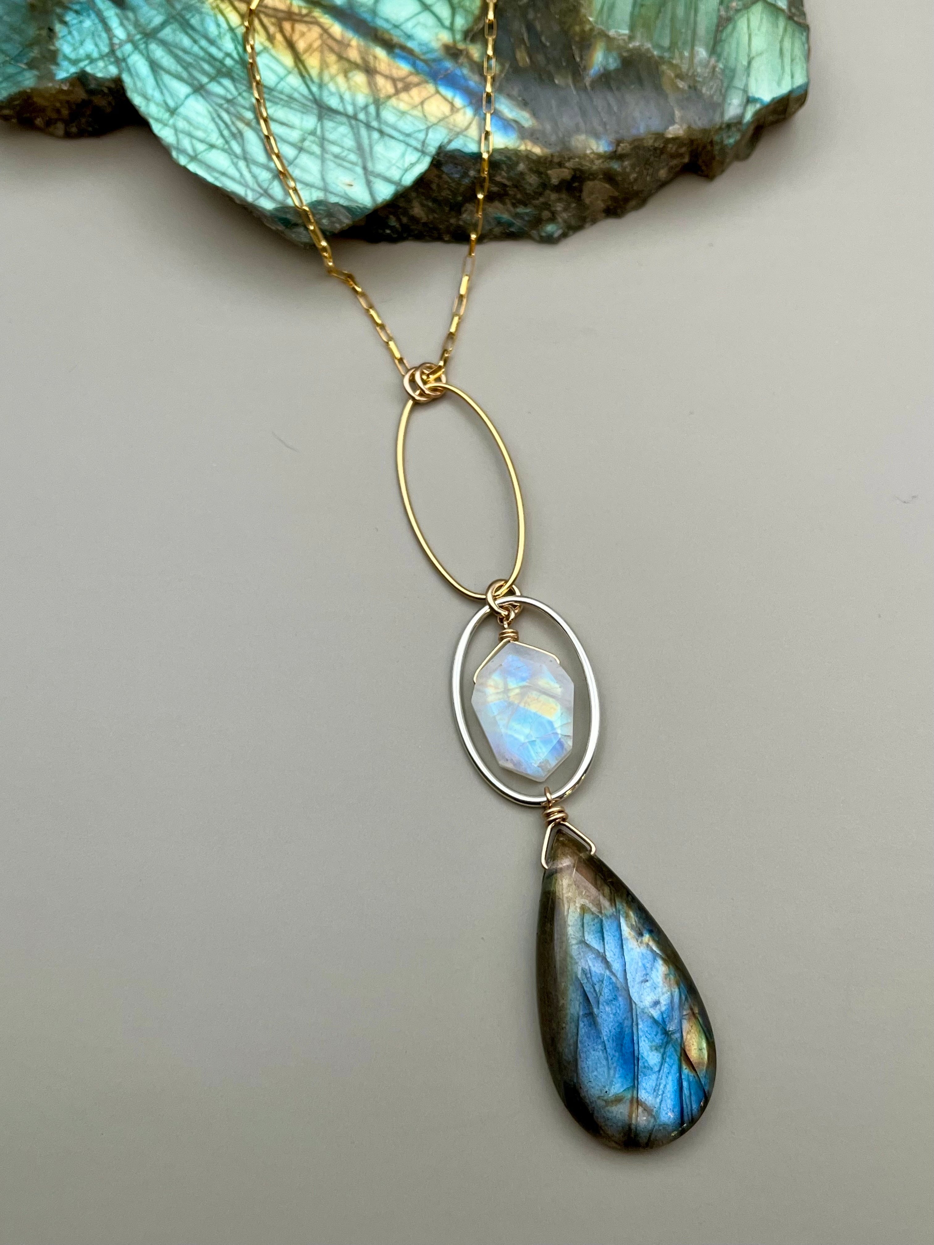 •NYX• rainbow moonstone + labradorite mixed metal necklace (26"-28" long)