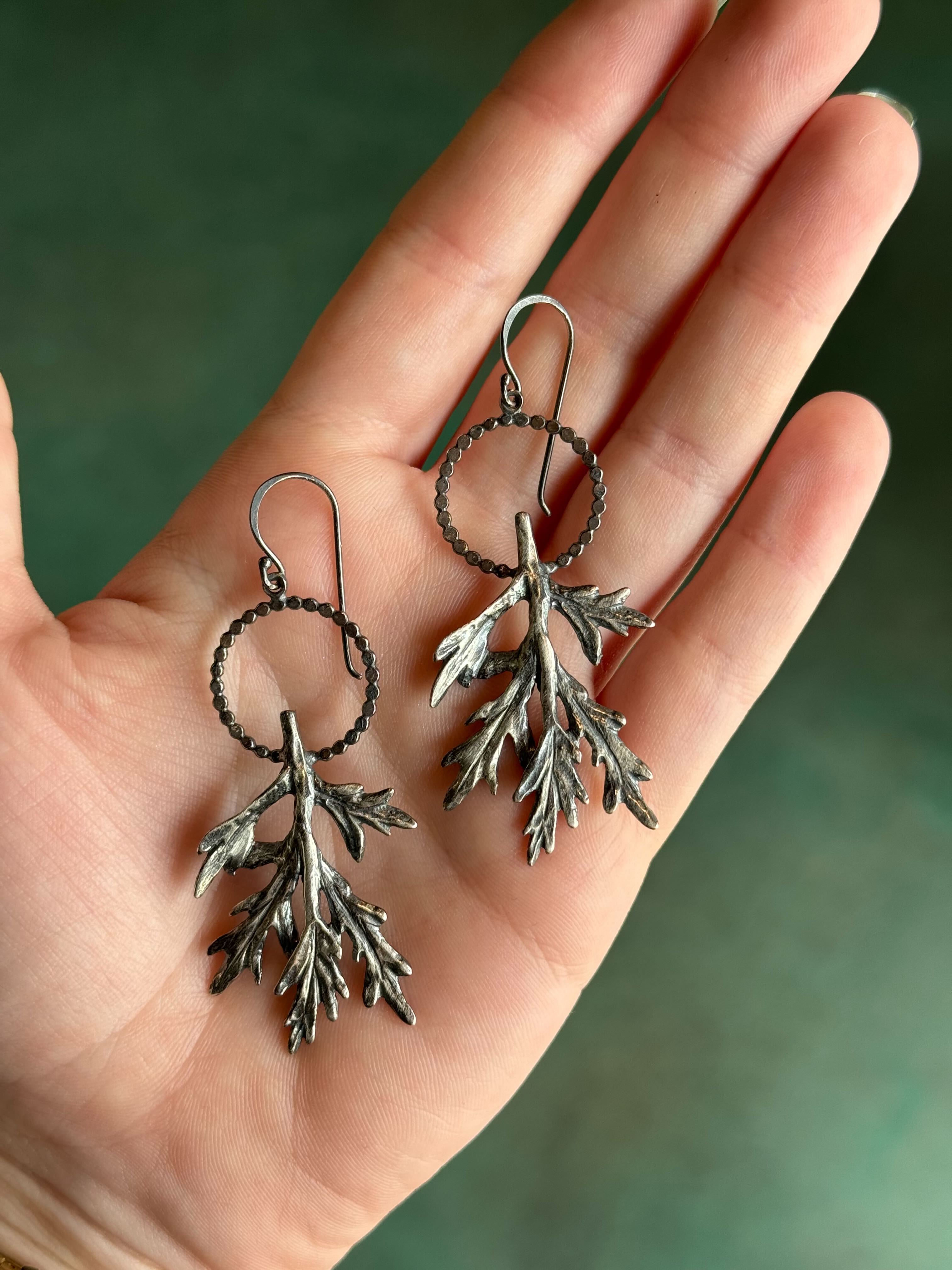 •MUGWORT HOOP• silver dangle earrings