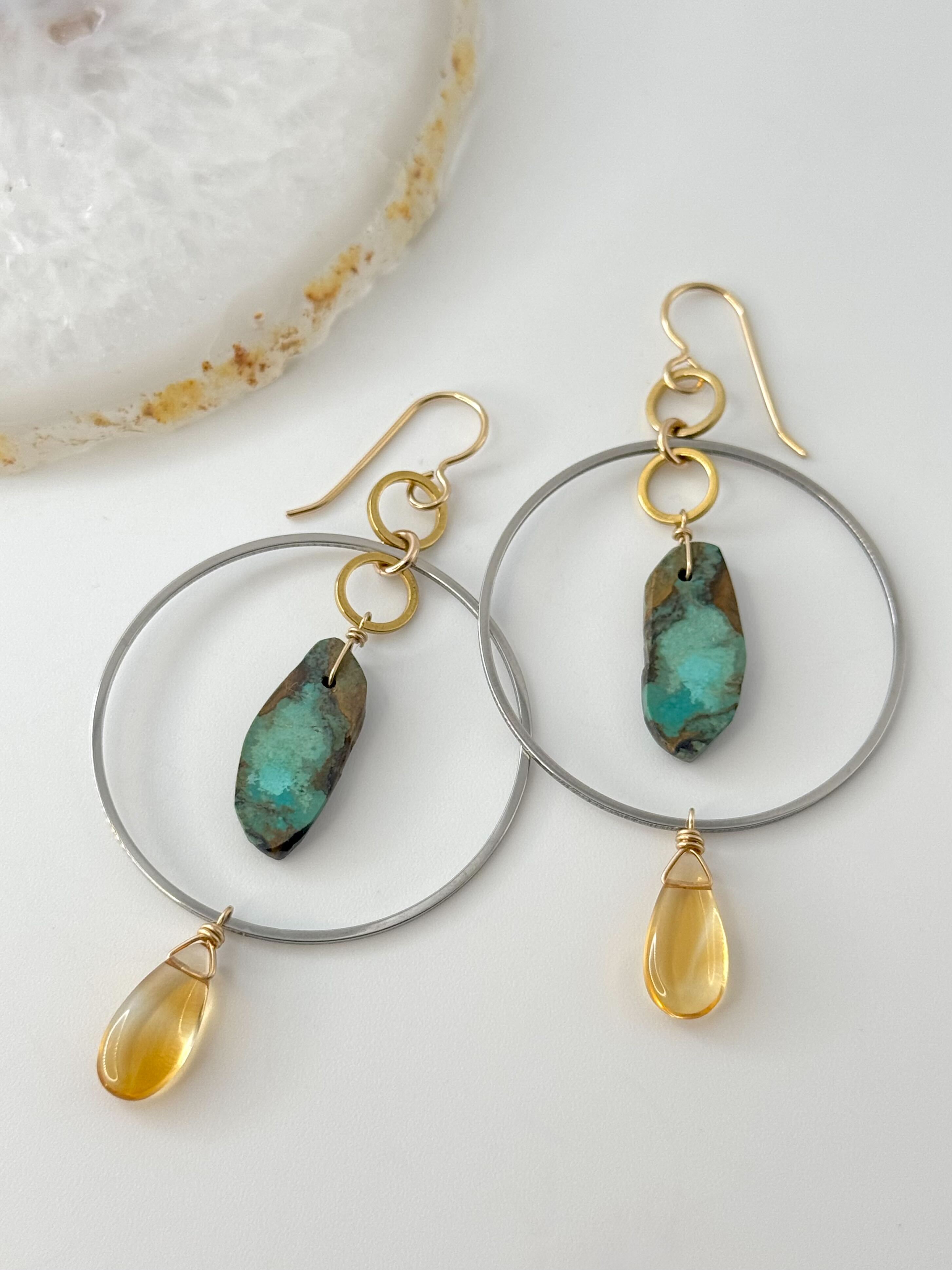 •LUNA• nevada turquoise + citrine mixed metal dangle earrings