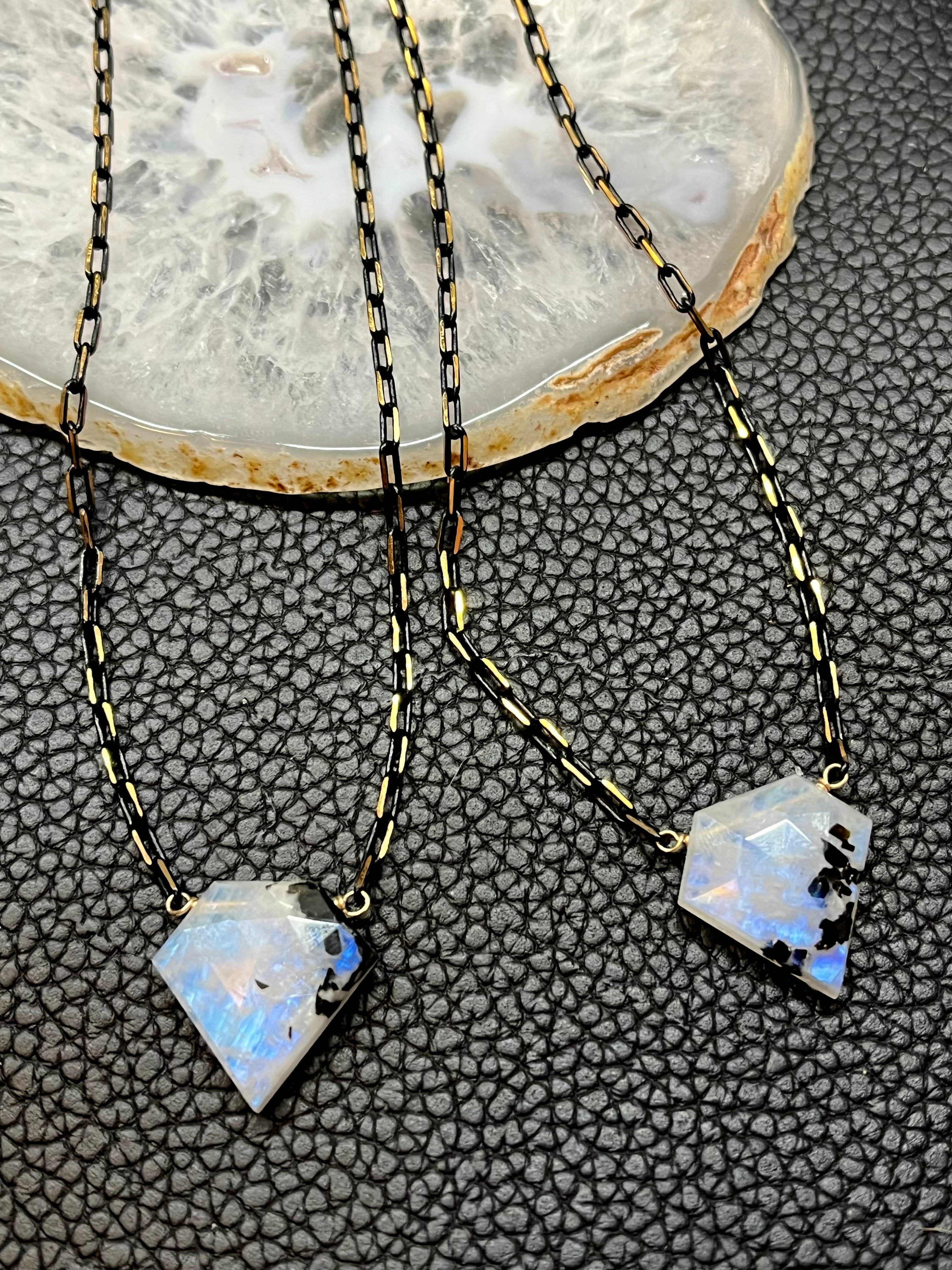 •AEON• tourmalinated rainbow moonstone + brass necklace