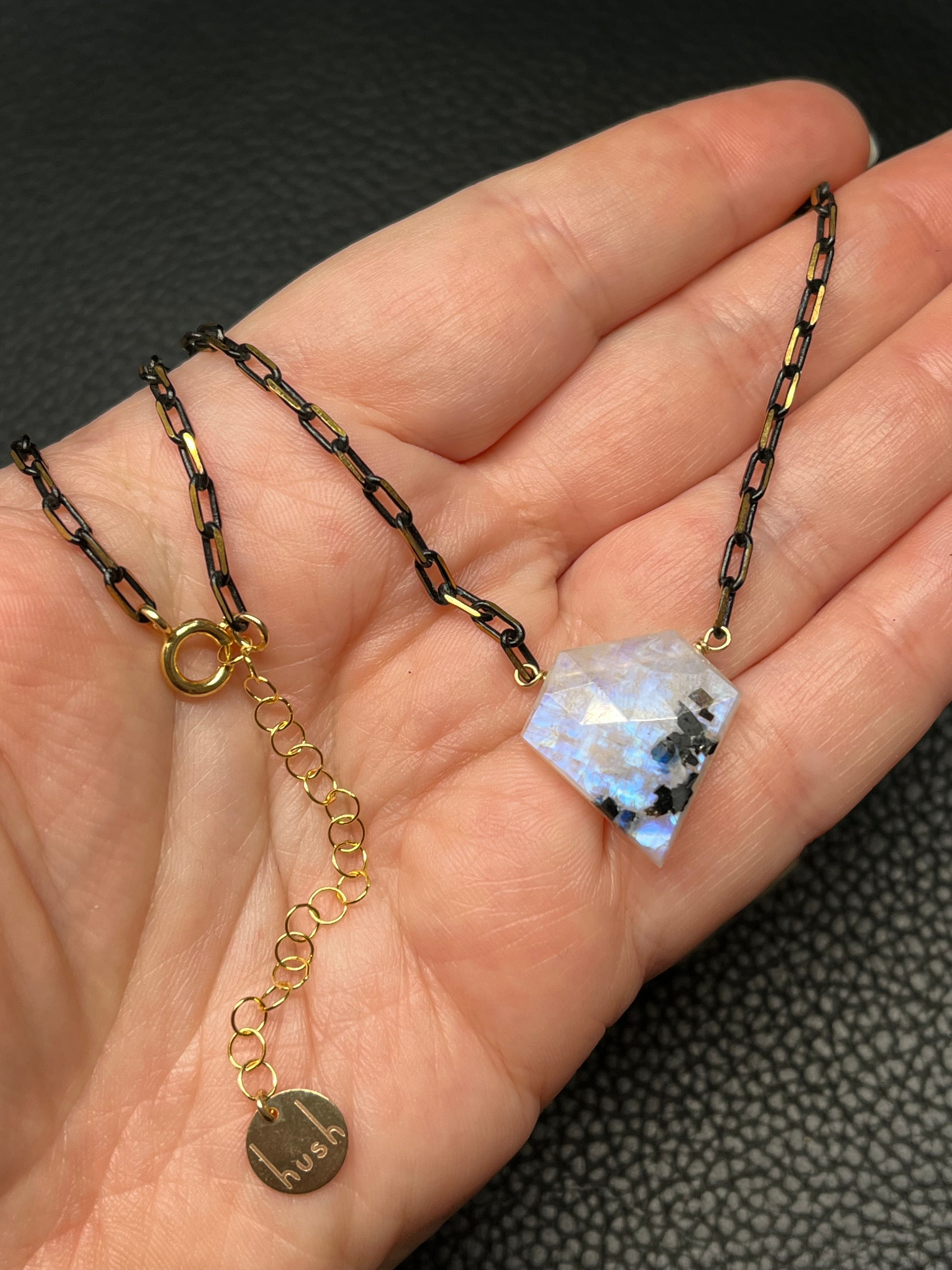 •AEON• tourmalinated rainbow moonstone + brass necklace
