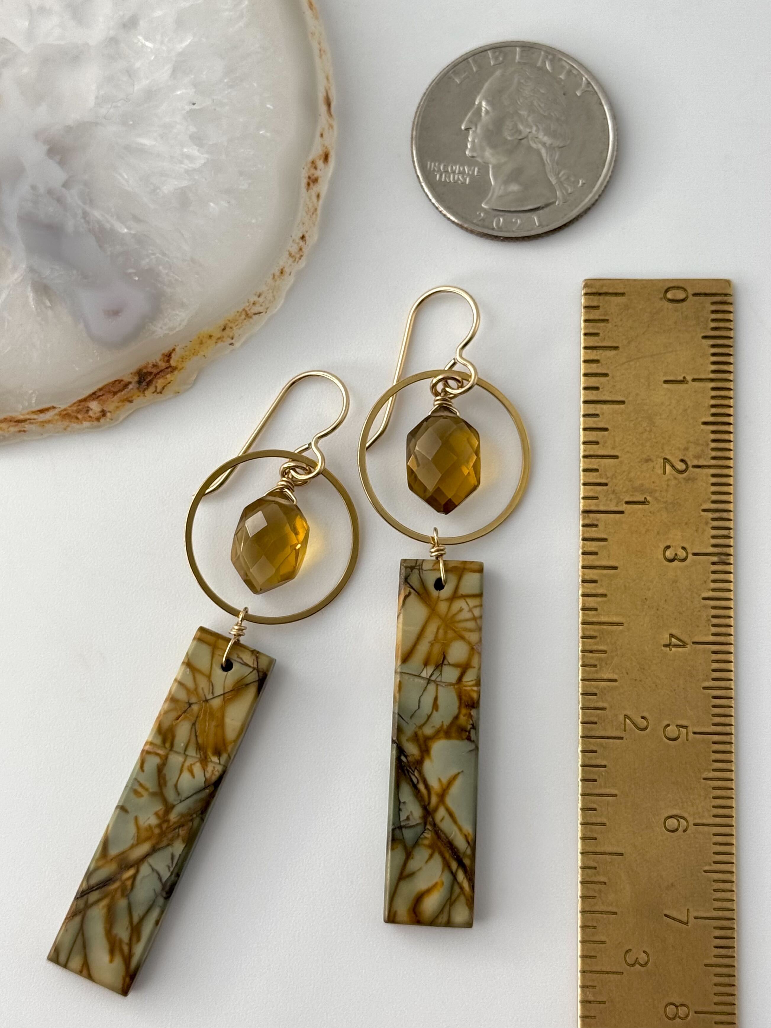 •LUNA• red creek jasper + honey quartz gold dangle earrings