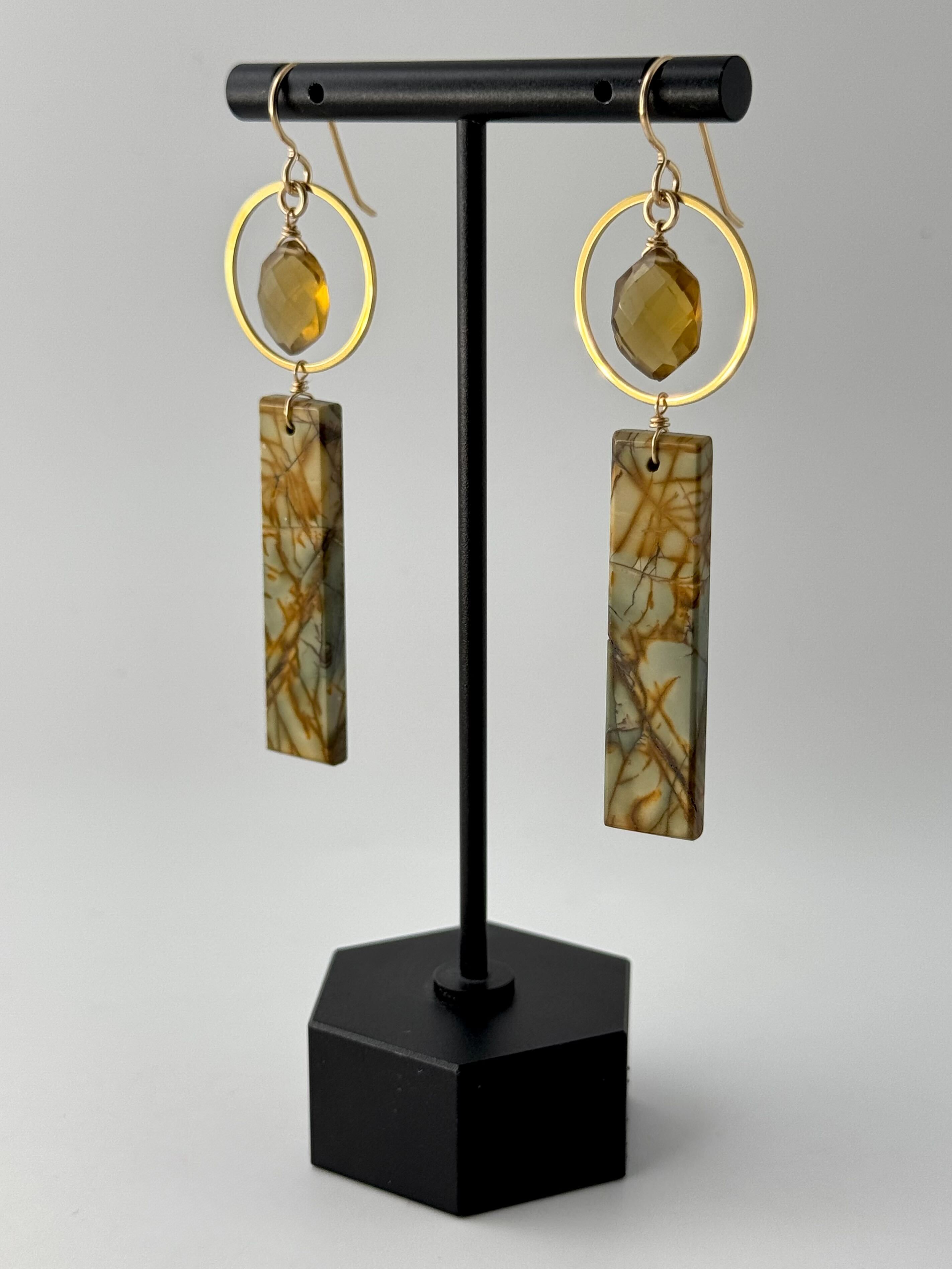 •LUNA• red creek jasper + honey quartz gold dangle earrings