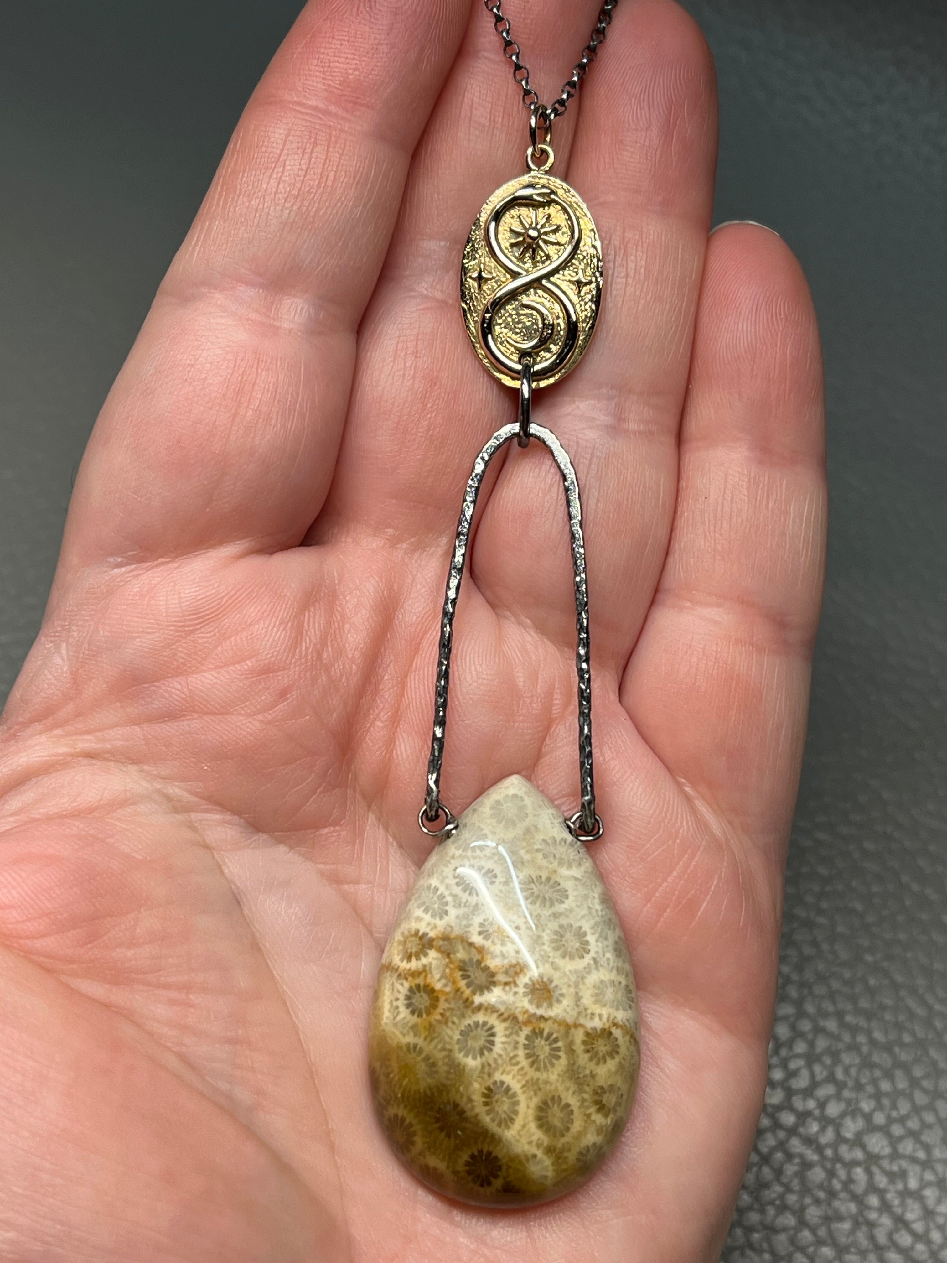 •SUEÑO• fossilized coral + infinity snake coin + mixed metal necklace (28"-30")