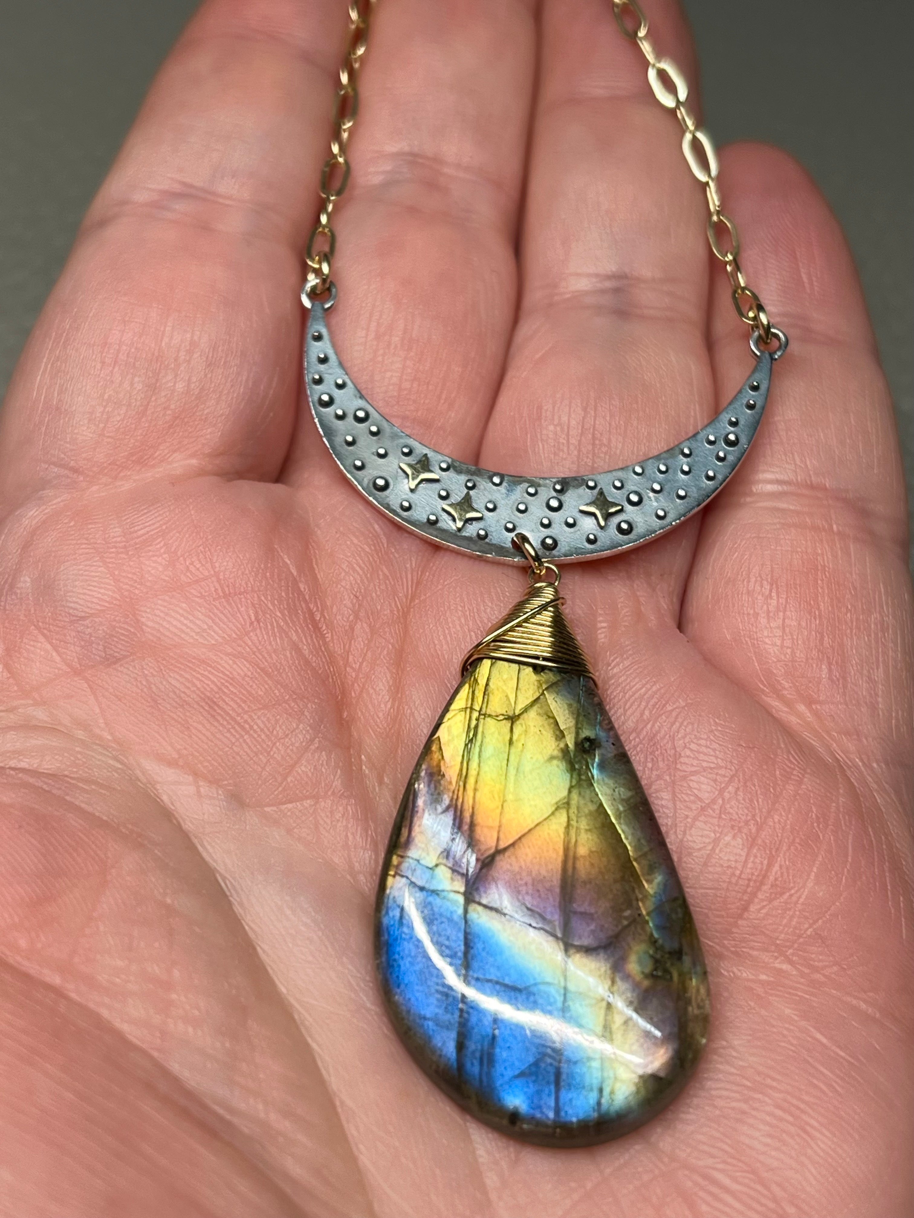 •NYX• labradorite + cosmic moon + mixed metal necklace (18"-20")