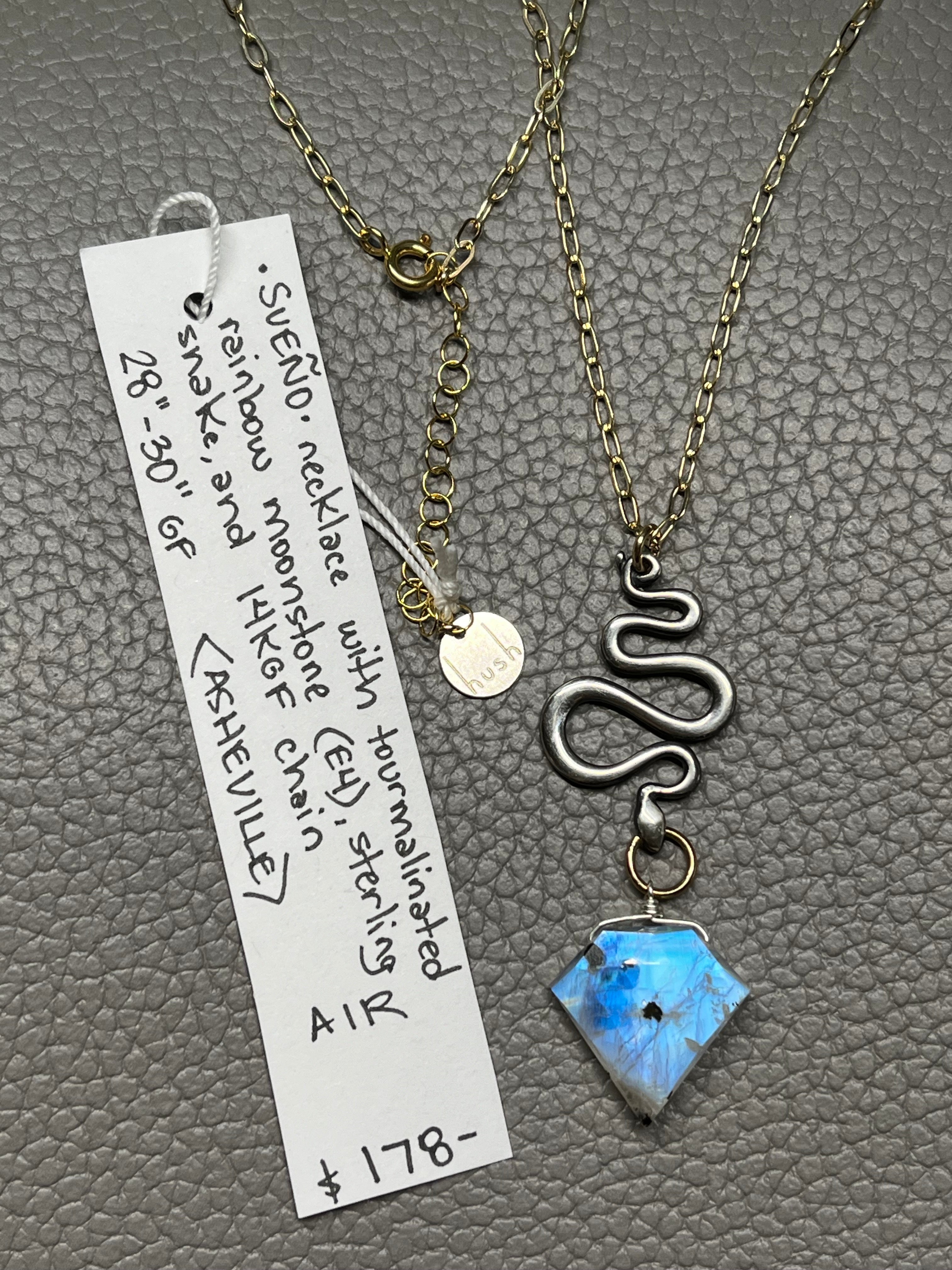 •SUEÑO• tourmalinated rainbow moonstone + snake + mixed metal necklace (28"-30")