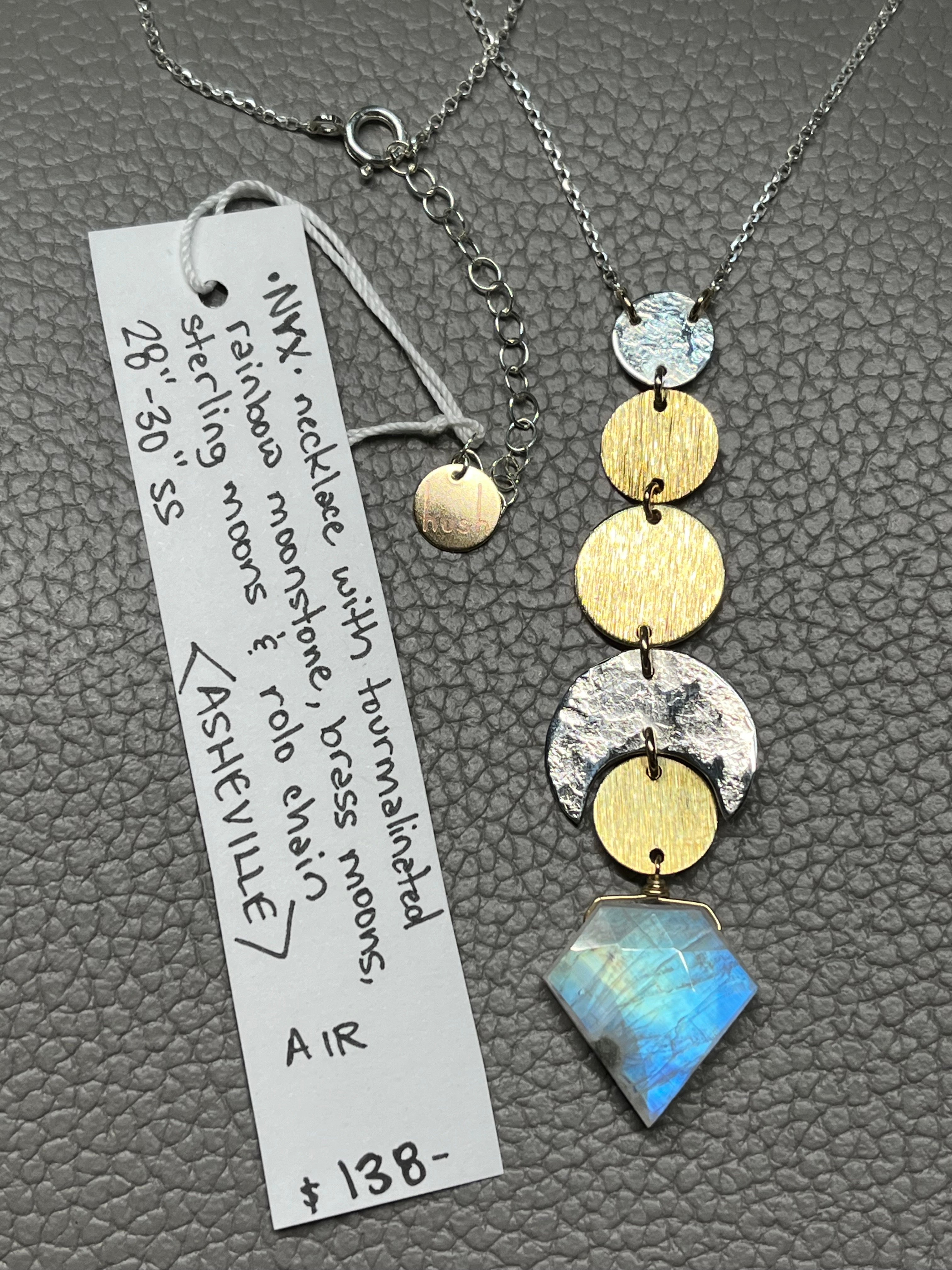•NYX• tourmalinated rainbow moonstone + moon stack + mixed metal necklace (28"-30")