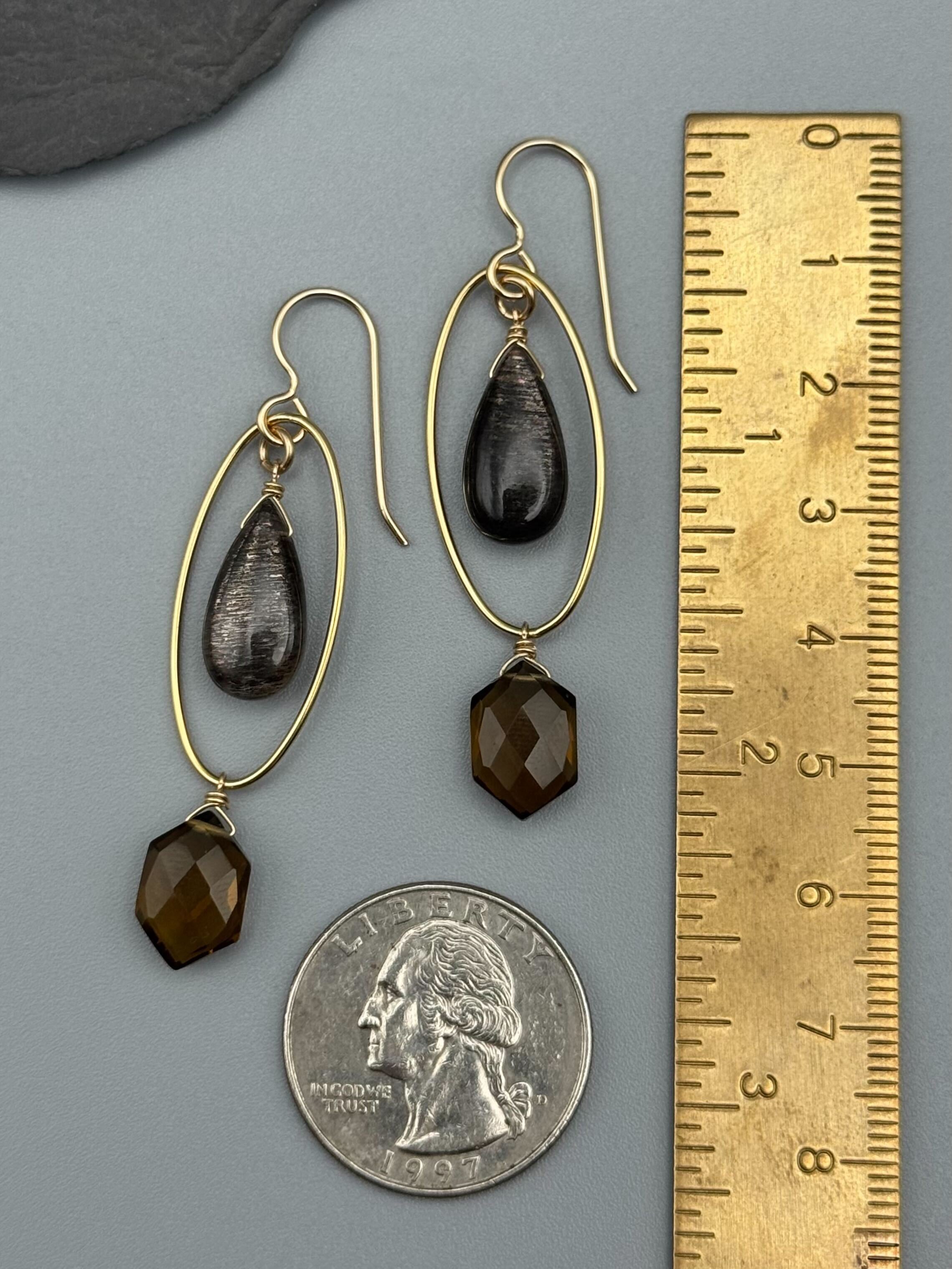 •LUNA• chocolate sunstone + smoky quartz gold earrings