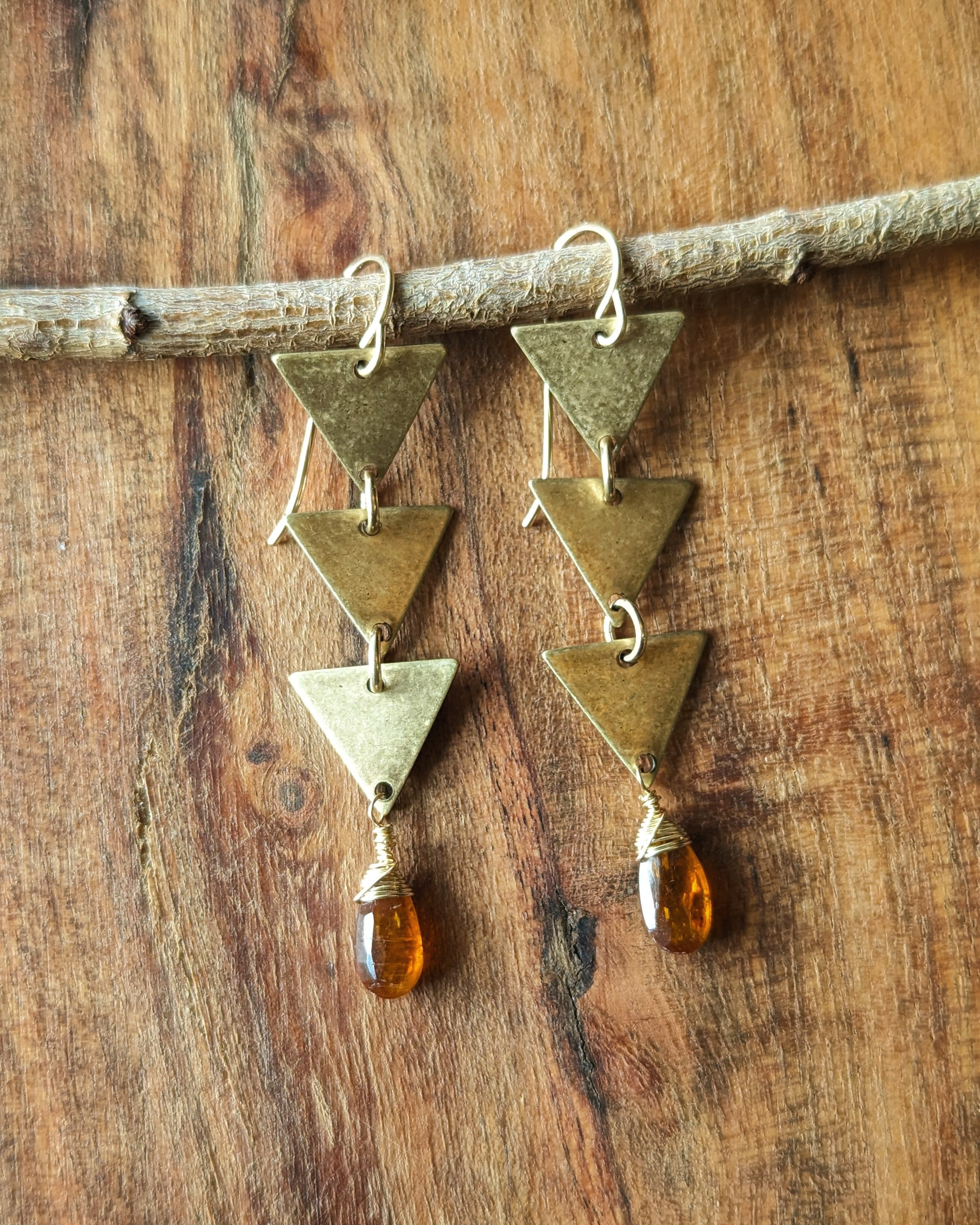 •TRIPLE TRIANGLE• orange kyanite + gold earrings