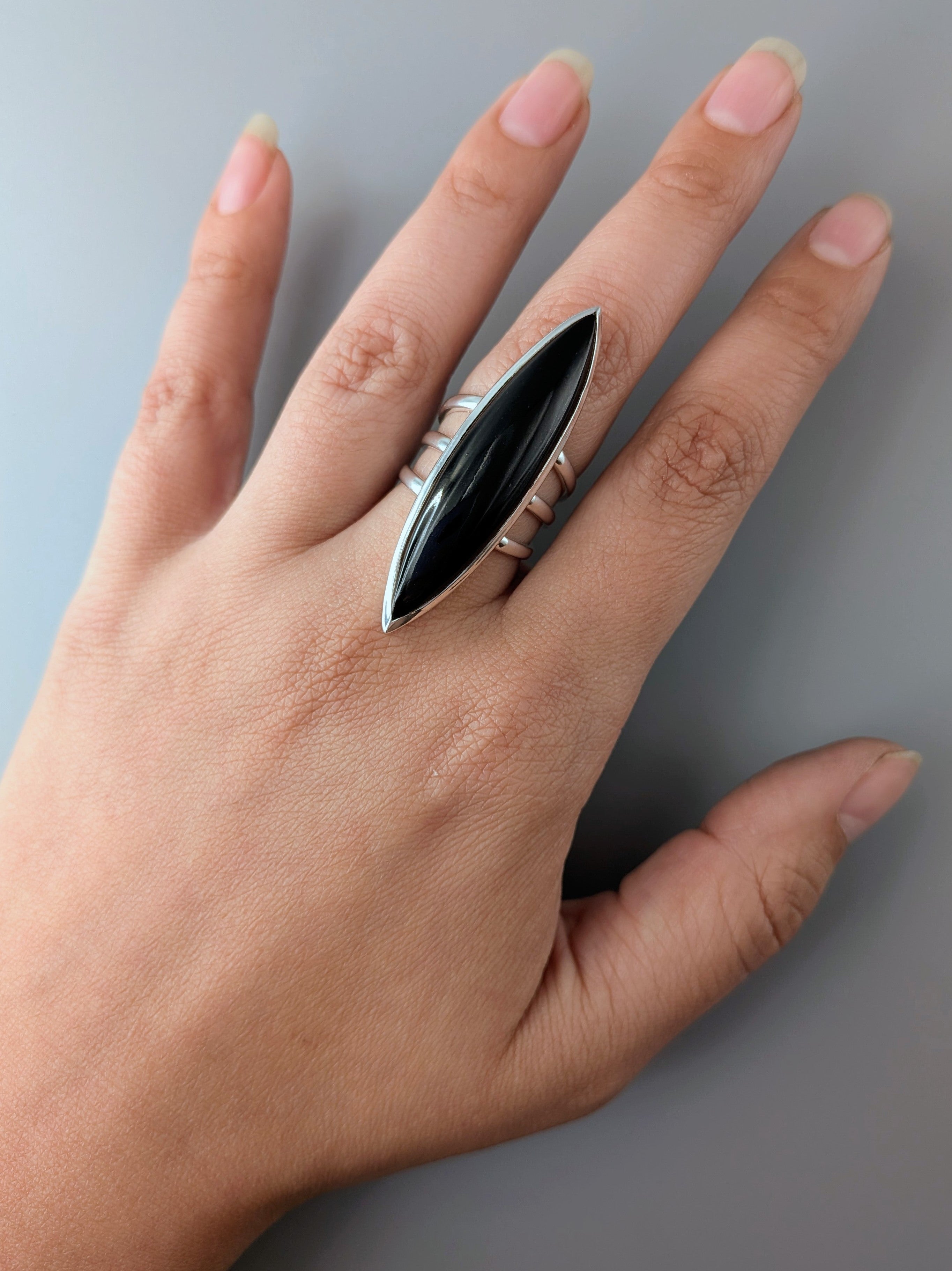 •BLACK ONYX - DEEP MARQUISE• split band silver ring (various sizes)