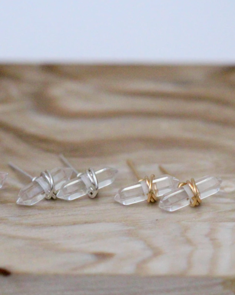 •CREST• clear quartz + gold stud earrings